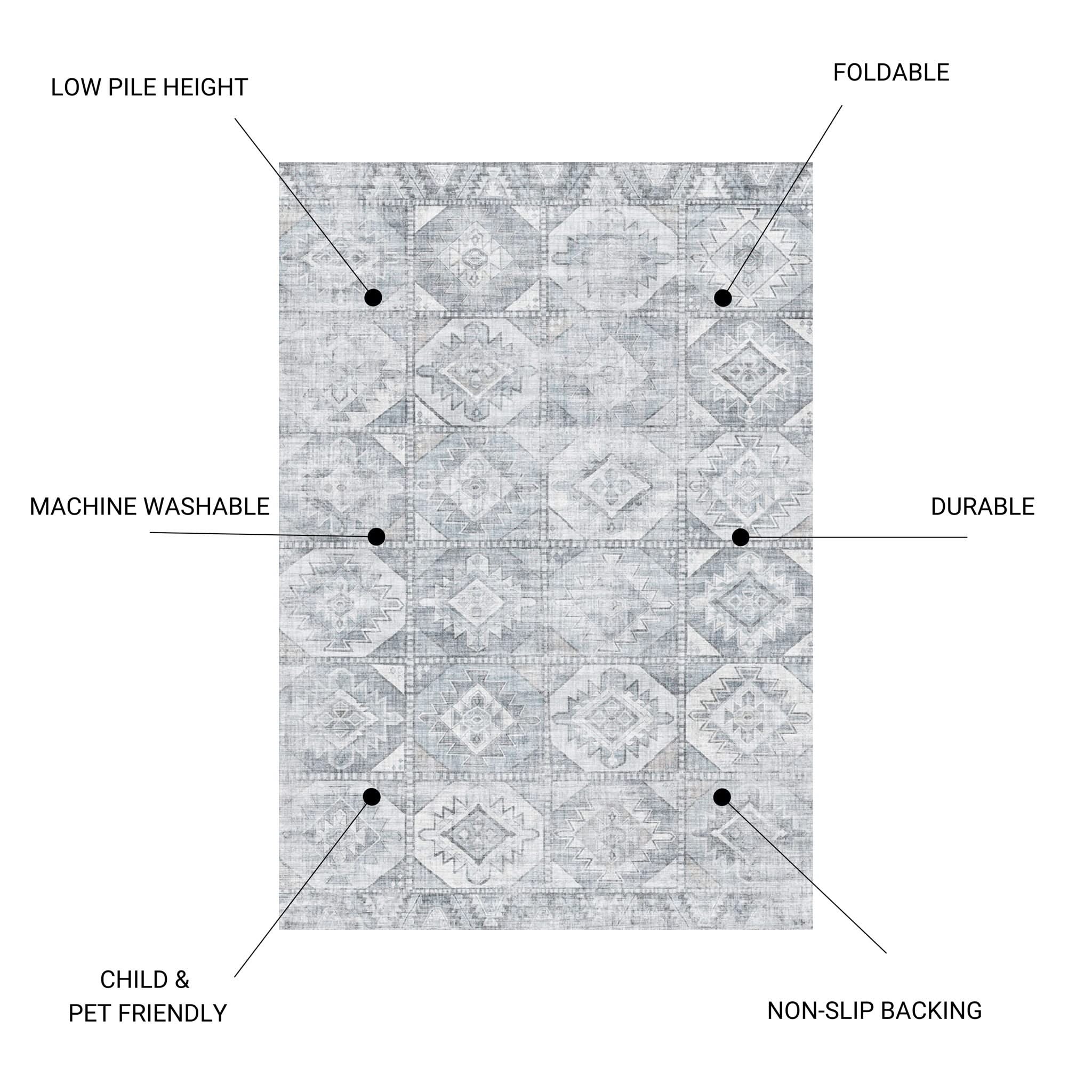 Toucan - 5' X 7' Washable Non - Slip Area Rug - Silver