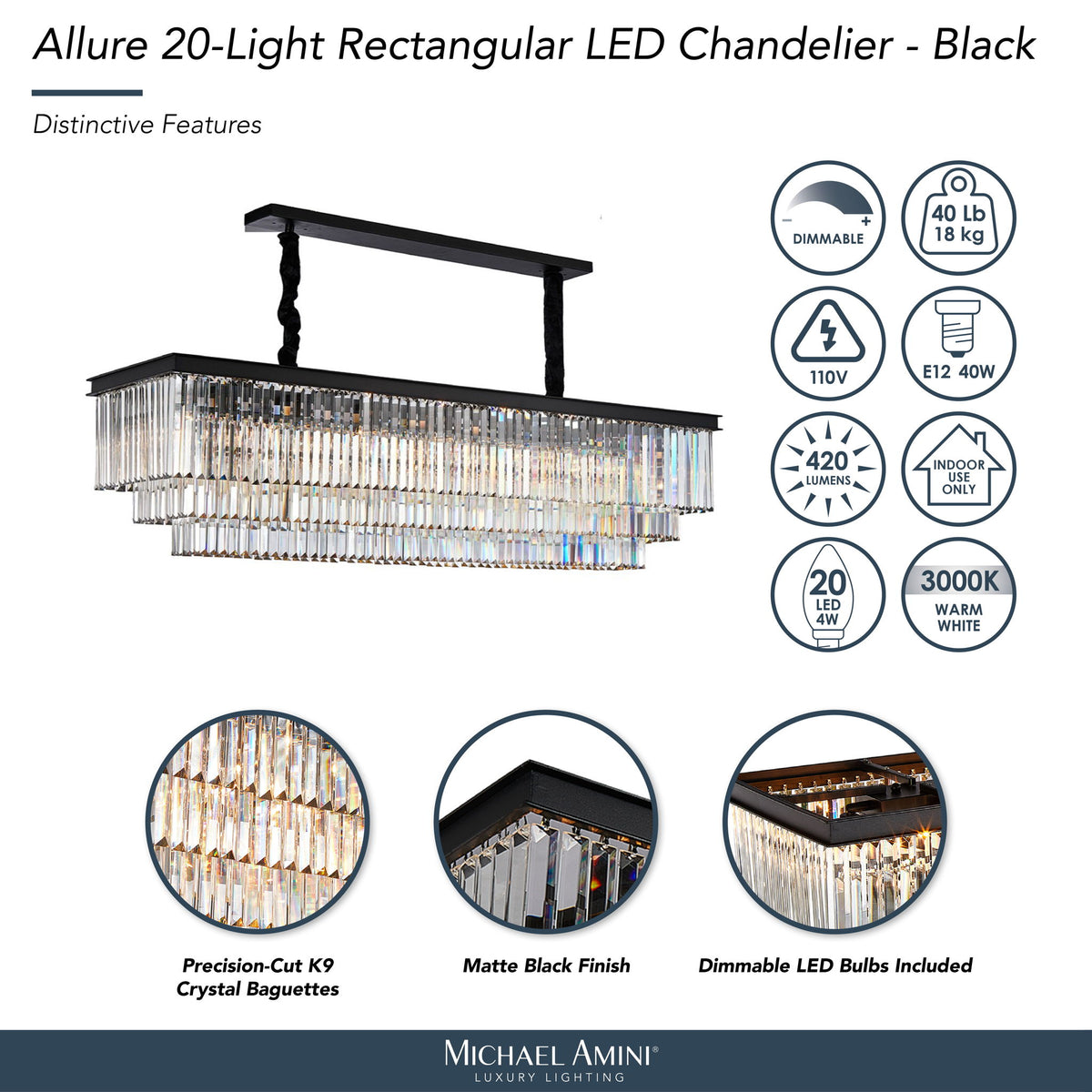 Michael Amini Lighting - Allure 20-Light Rectangular Crystal Chandelier - Matte Black / Pearl Silver