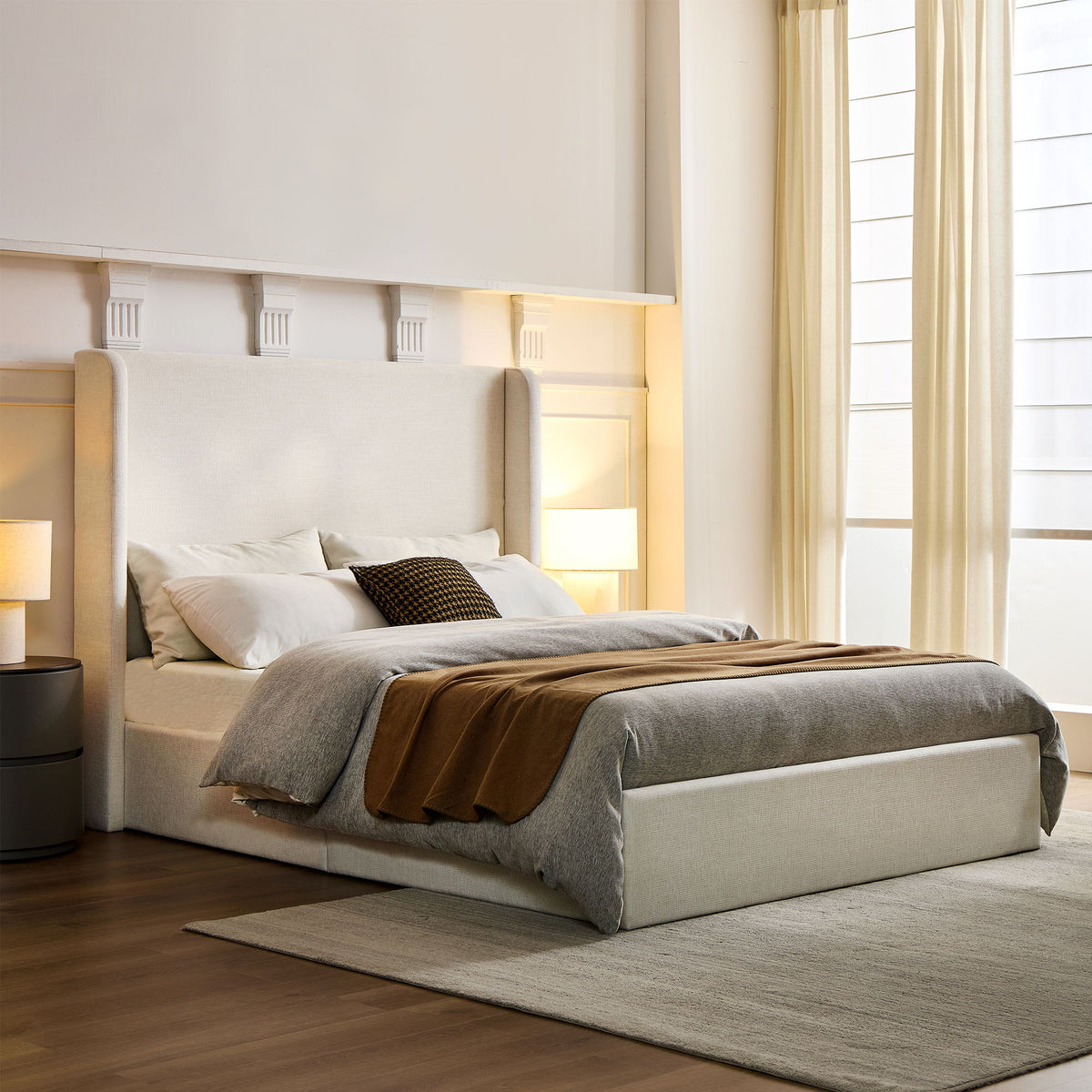 Caron - King Size Upholstered Wingback Bed With High Headboard - Ivory