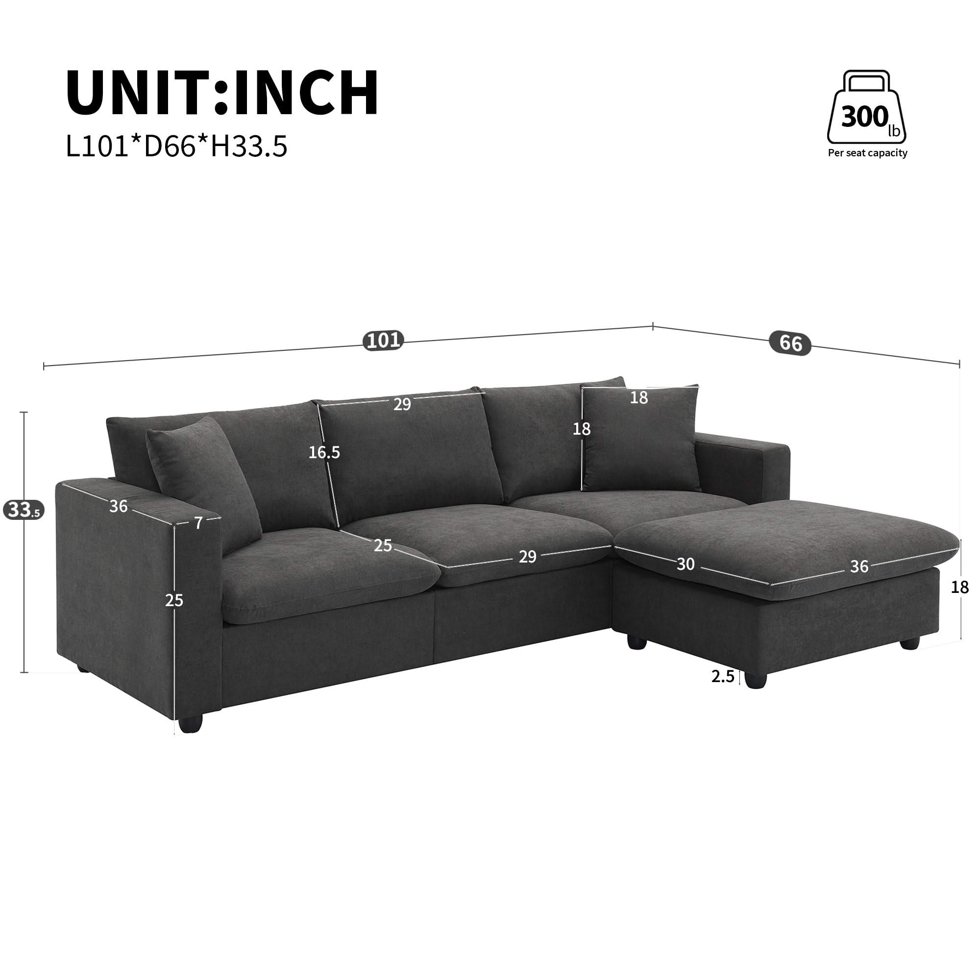 Modern Sectional Sofa, L-Shaped Couch Set With 2 Free Pillows, 4-Seat Fabric Couch Set With Convertible Ottoman For Living Room, Apartment, Office