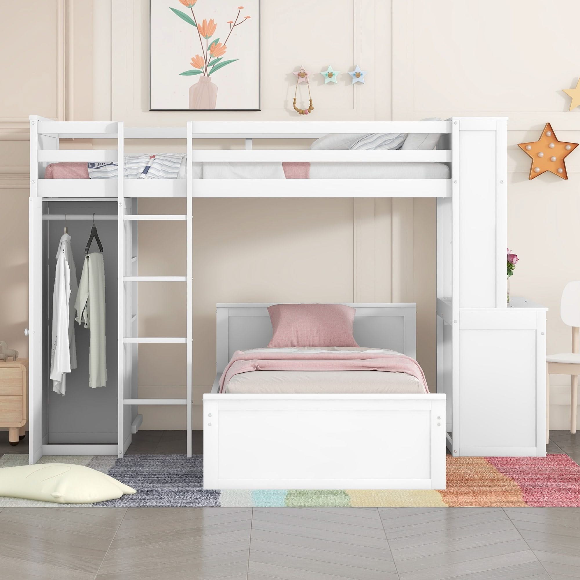 Loft Bed With A Stand Alone Bed, Shelves, Desk, And Wardrobe