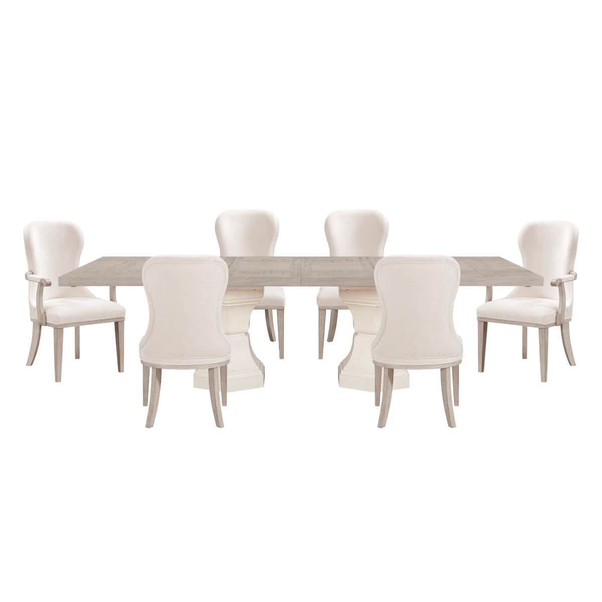 Santa Cruz Light Wood Contemporary 7PC Dining Set with Upholstered Chairs and Pedestal Base