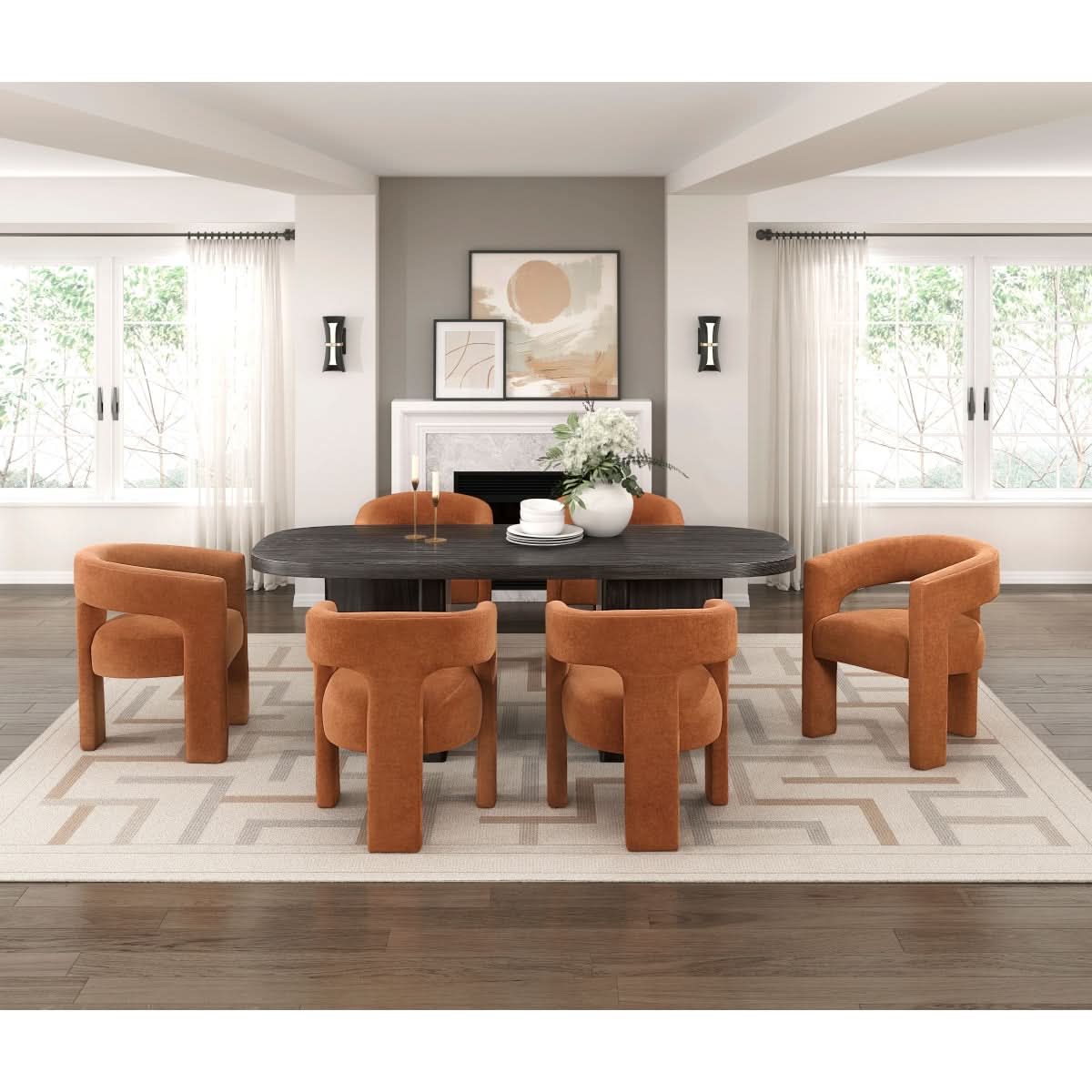 Helen Contemporary Dining Chairs in Light Gray Black or Orange with Boucle Upholstery