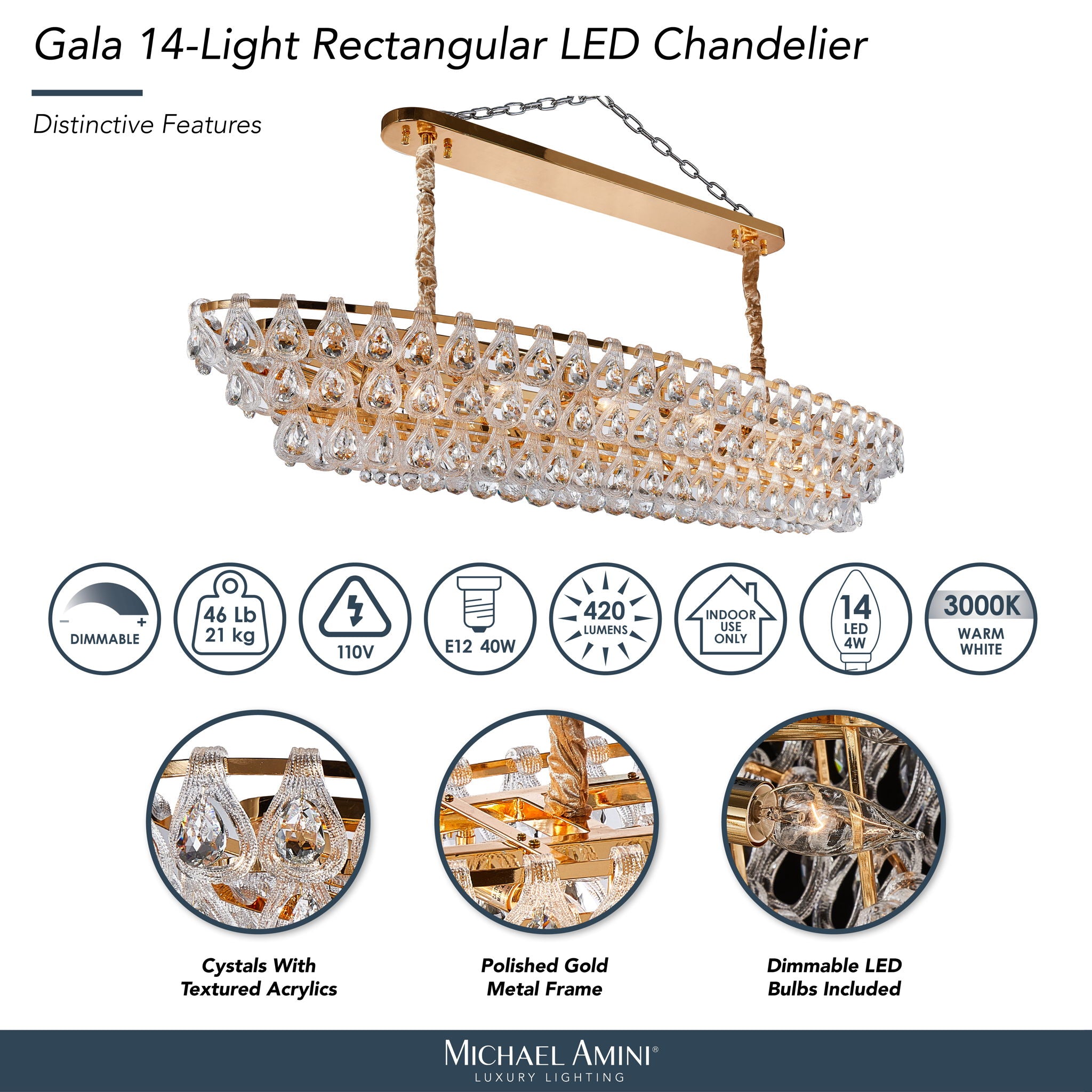 Michael Amini Lighting - Gala 14-Light Rectangular LED Chandelier - Gold