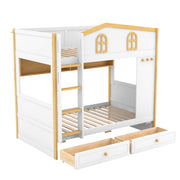 Twin Over Twin Bunk Bed With House Shaped Guardrails, Storage Shelves & Drawers - White / Natural