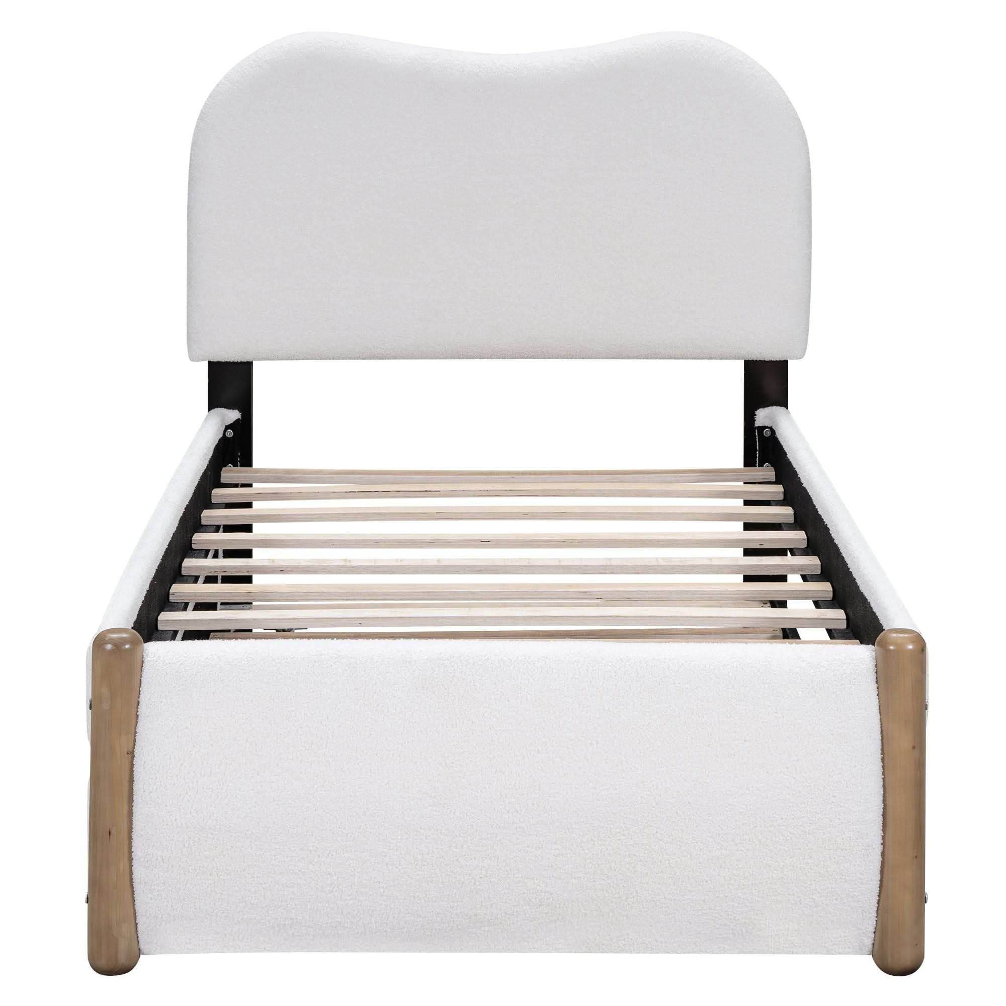 Upholstered Platform Bed With Wood Supporting Feet And Trundle