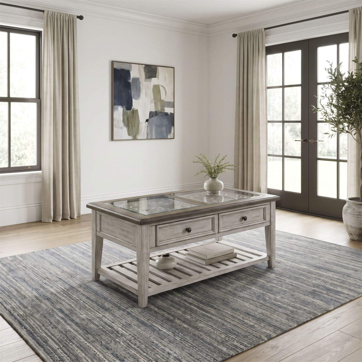 Heartland - Rect Ceiling Tile Cocktail Table - Antique White / Tobacco Tops
