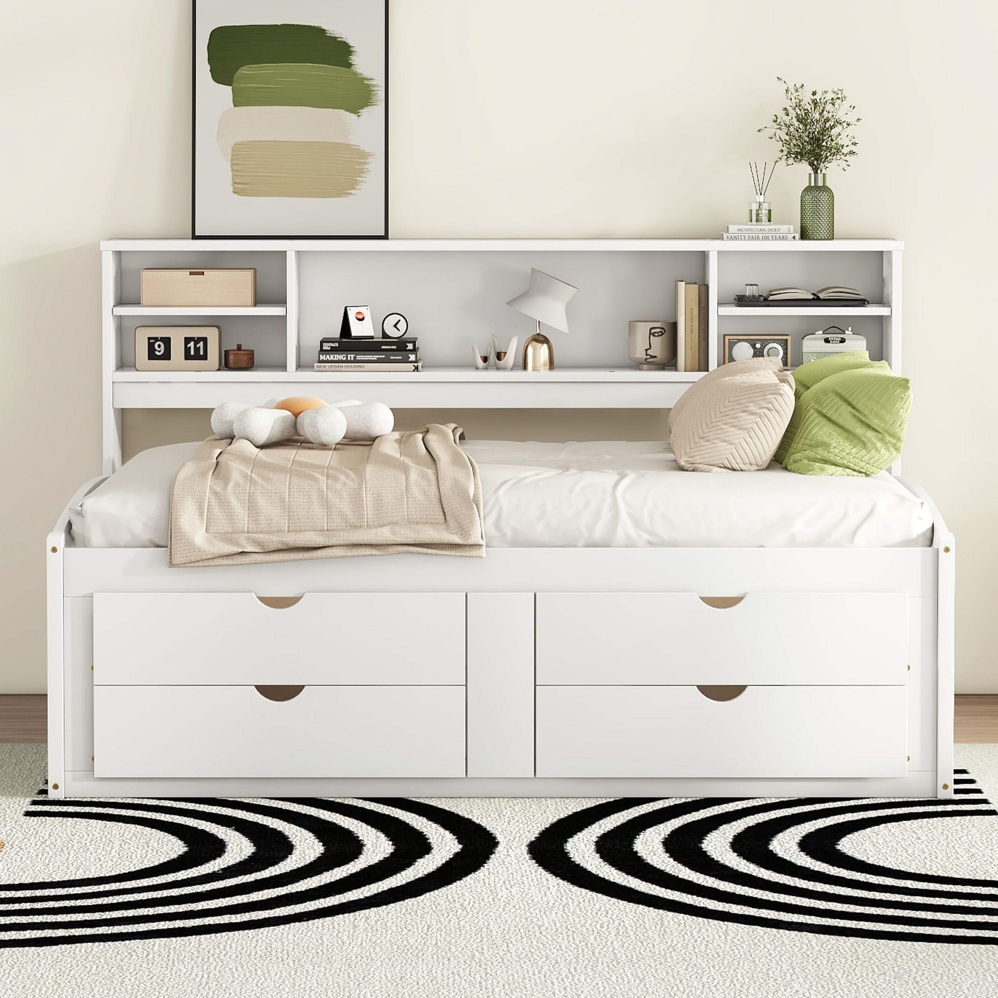 Daybed With 2 Bedside Cabinets, Upper Shelves And 4 Drawers