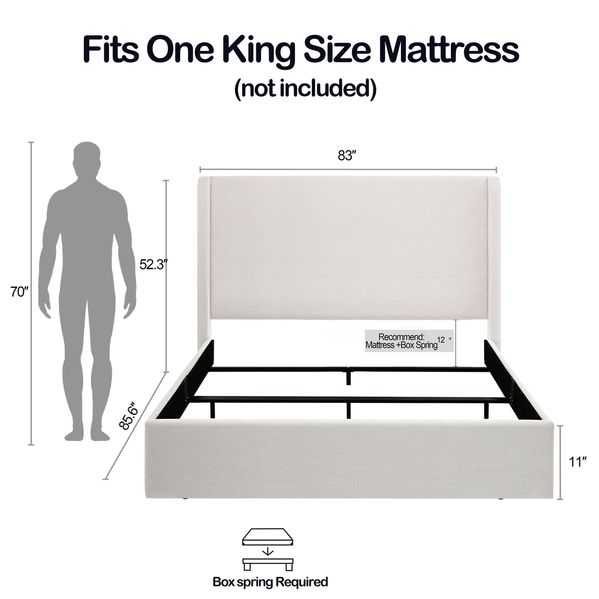 Caron - King Size Upholstered Wingback Bed With High Headboard - Ivory