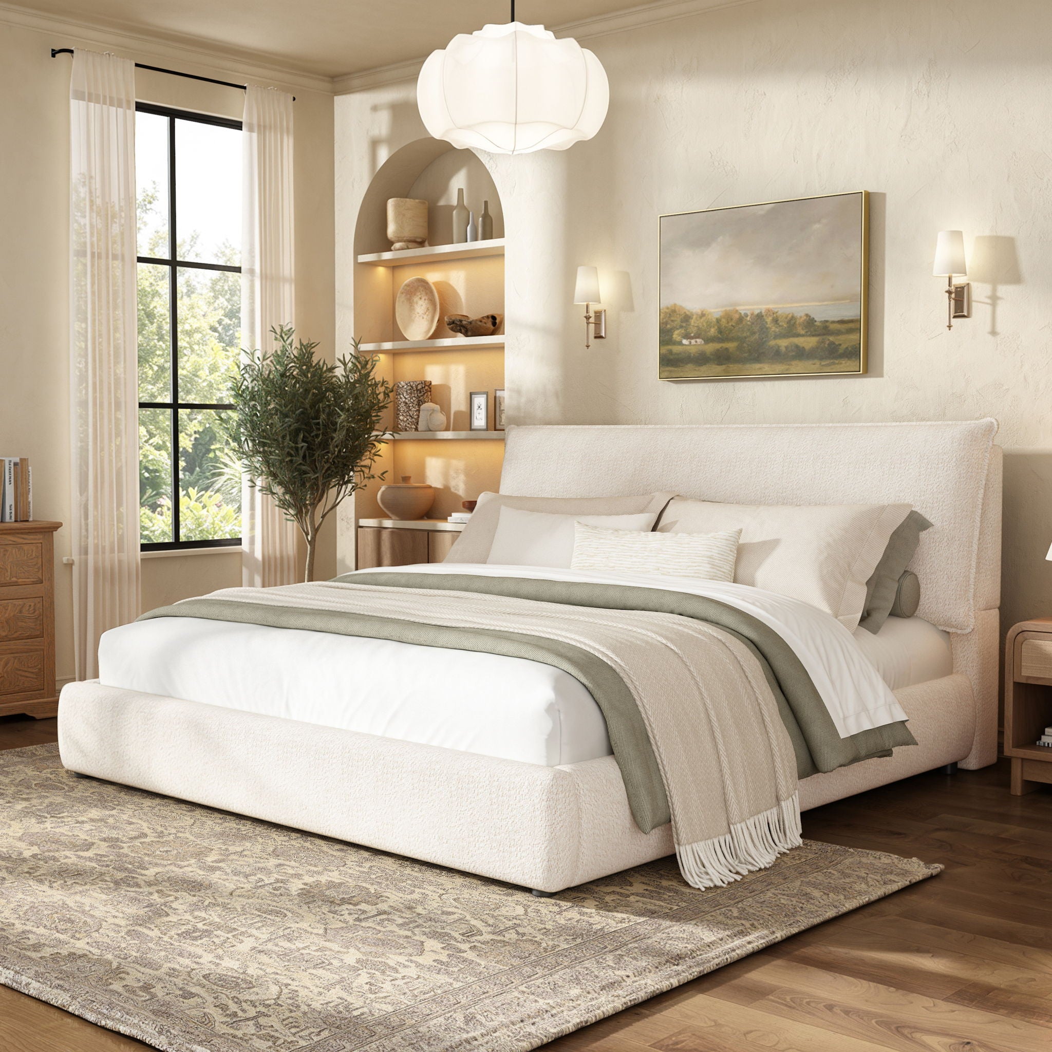 Upholstered Platform Bed Frame With Oversized Plush Pillow Headboard