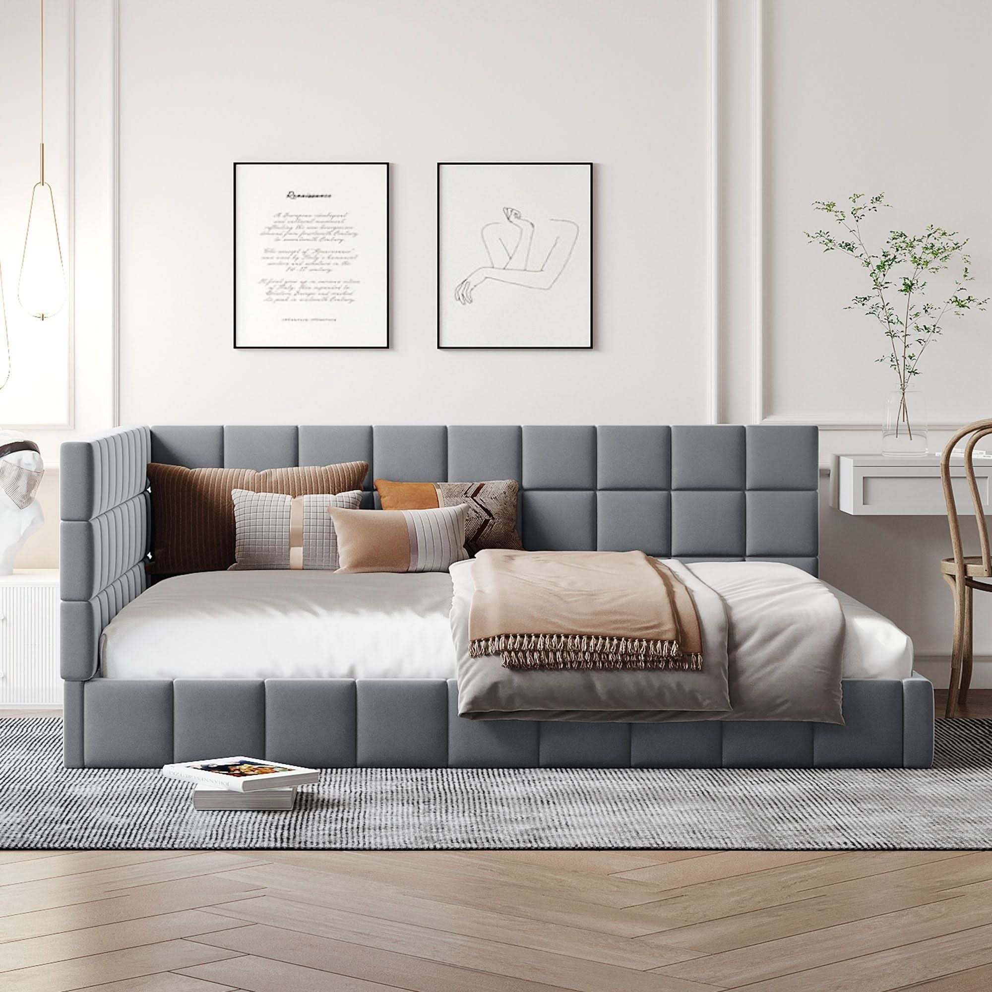 Full Size Upholstered Classic Mid Century Modern Daybed / Sofa Bed Frame, Elegant Design - Gray