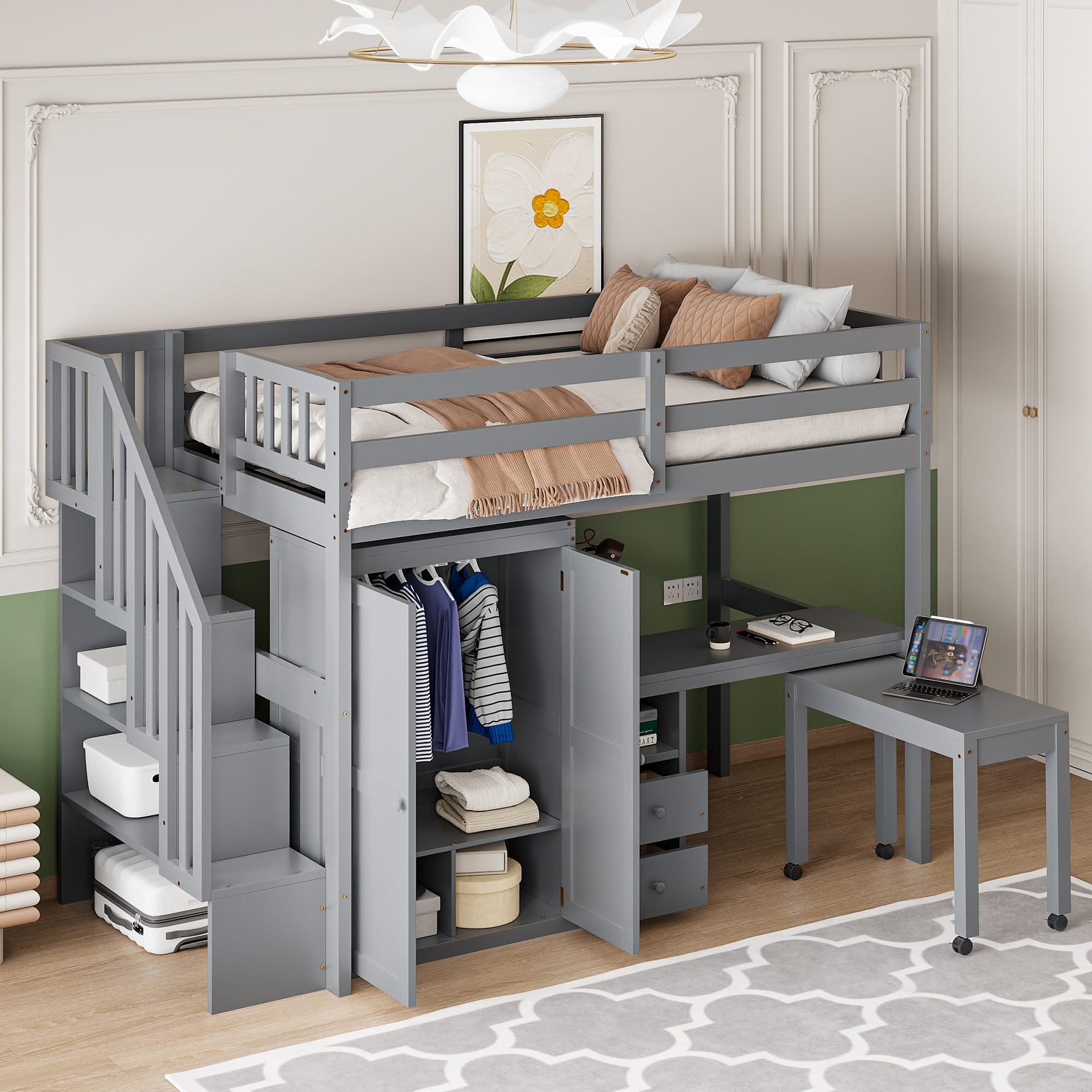 Loft Bed With Stairs, Bookshelf, Drawers, Desk & Wardrobe, Space Saving Multifunctional Furniture