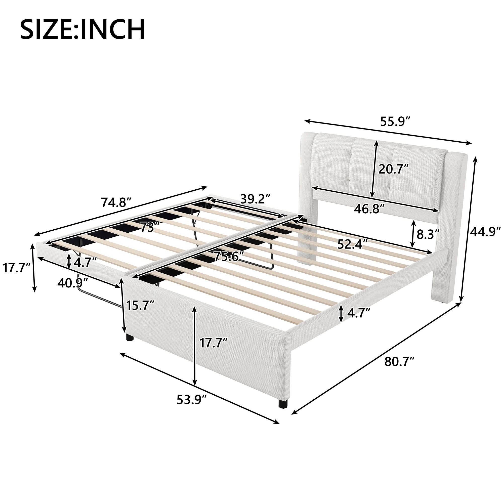 Upholstery Platform Bed With Trundle, Trundle Can Be Flat Or Erected