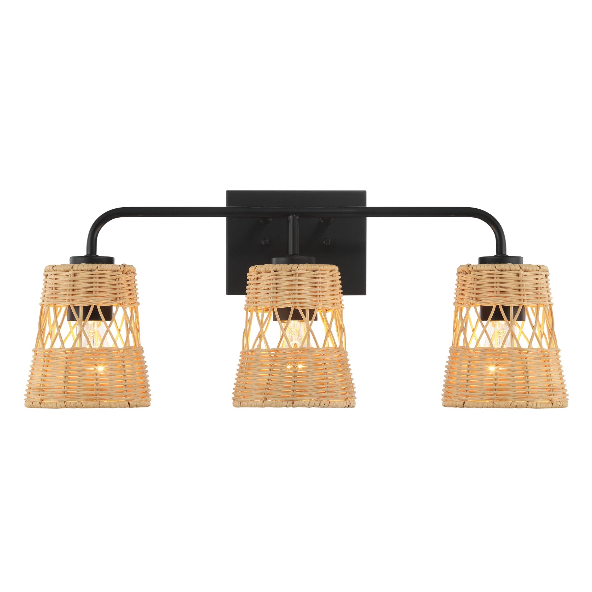 Moonlit - 3 Lights Wall Sconce With Shade, Bathroom Lighting Fixtures Over Mirror - Black / Rattan