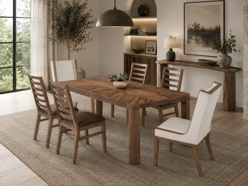 Deepika Ivory Modern Rustic 7-Piece Rectangular Dining Set with Upholstered Chairs