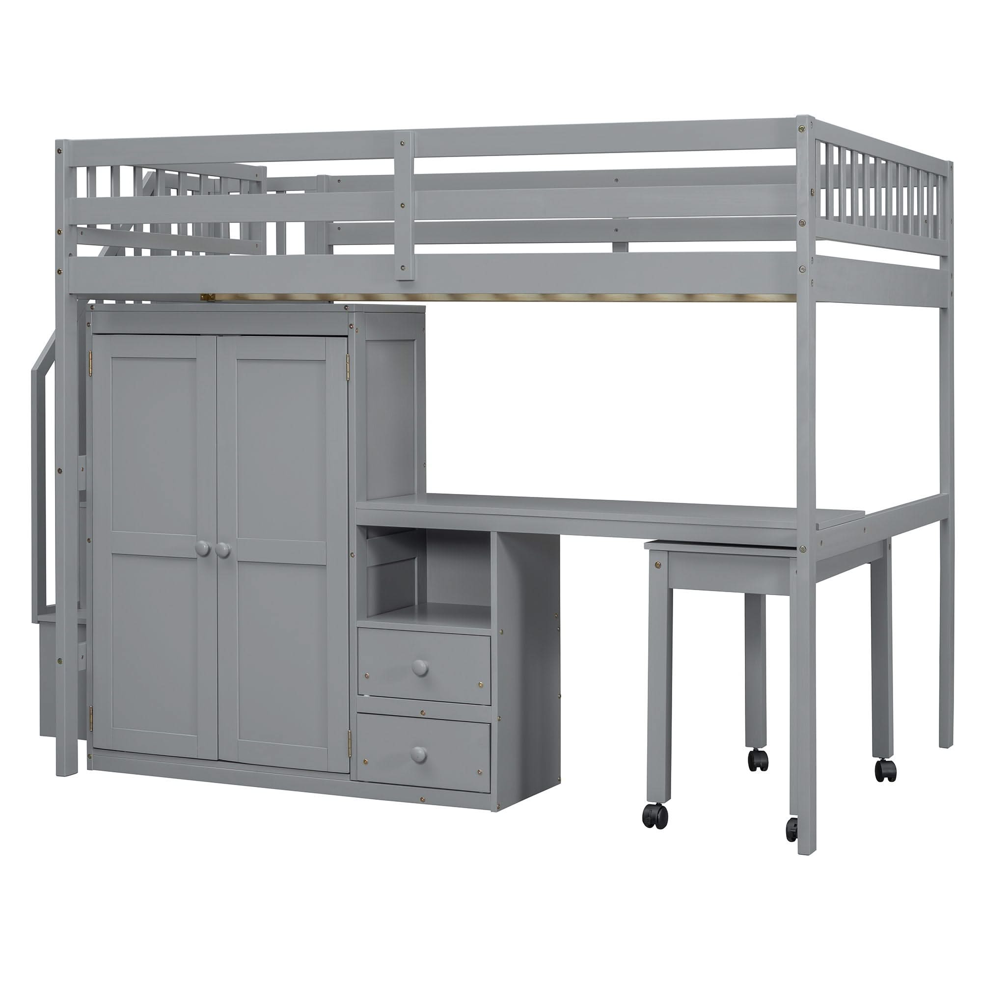 Loft Bed With Stairs, Bookshelf, Drawers, Desk & Wardrobe, Space Saving Multifunctional Furniture