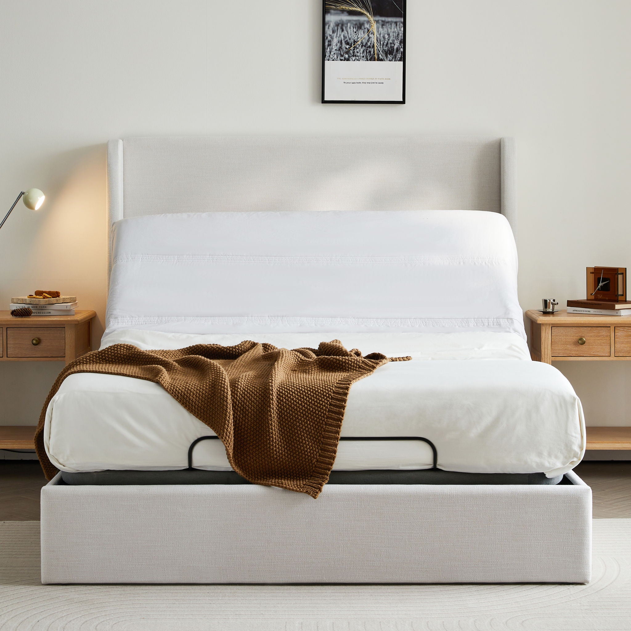 Caron - Queen Size Upholstered Wingback Bed With Adjustable Base Bundle Set - Ivory