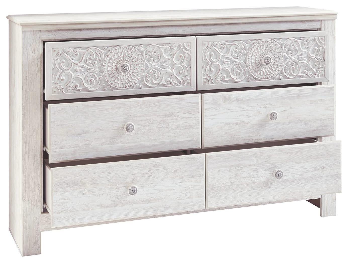 Paxberry - Six Drawer Dresser - Medallion Drawer Pulls - Whitewash