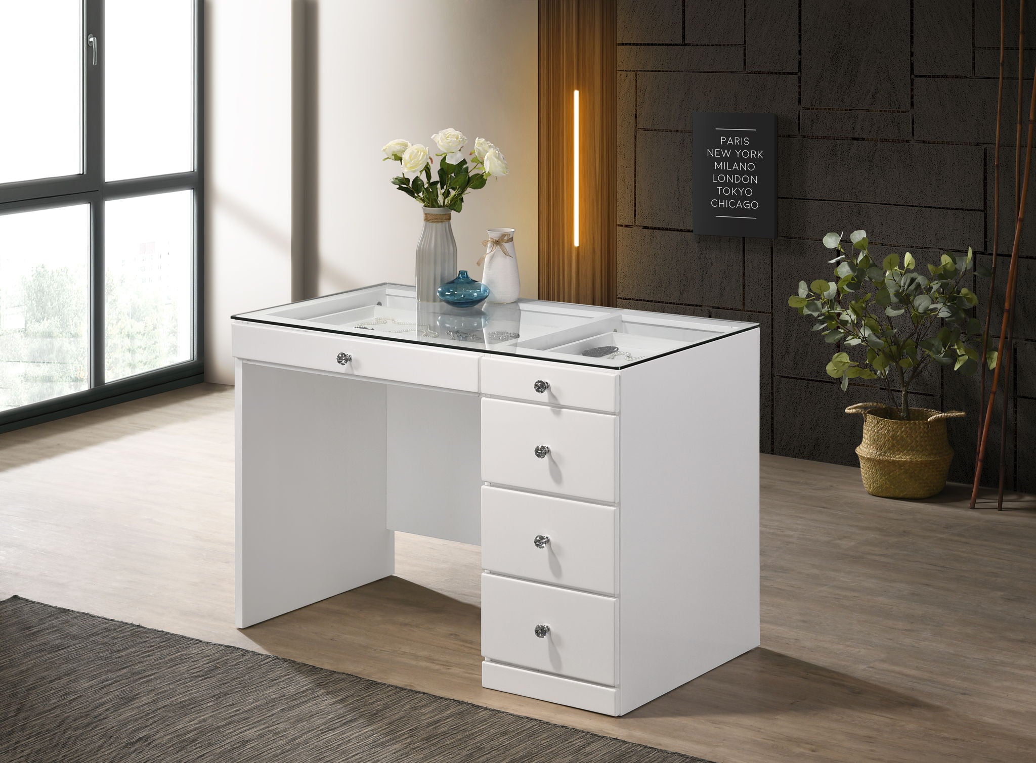 Morgan - Vanity Desk With Glass Top - White