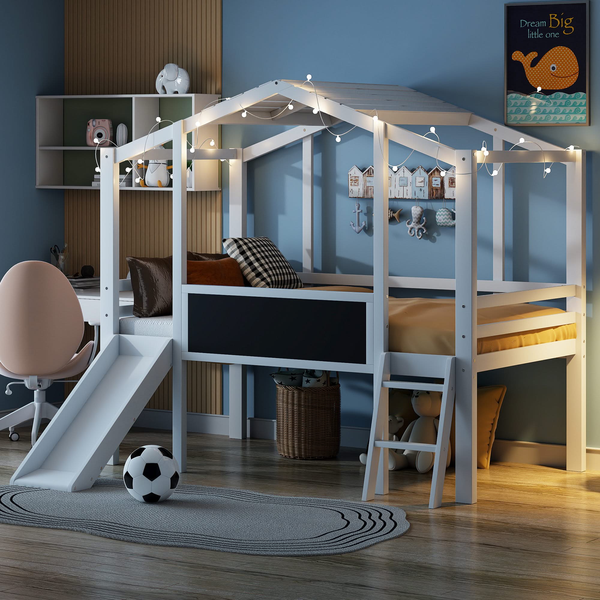 Loft House Bed With Ladder And Slide, With board And Light Strip On The Roof