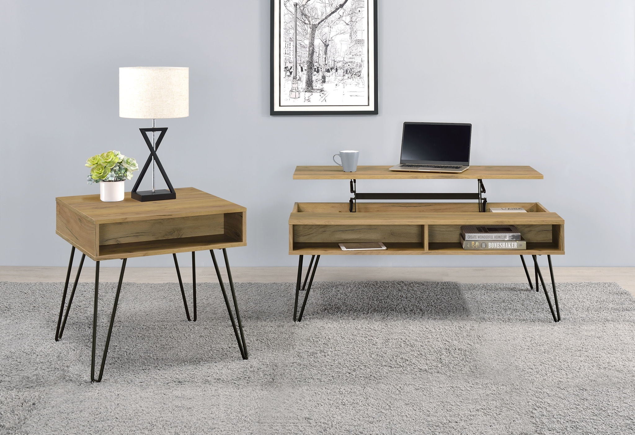 Fanning 2-piece Lift Top Coffee and End Table Set Golden Oak