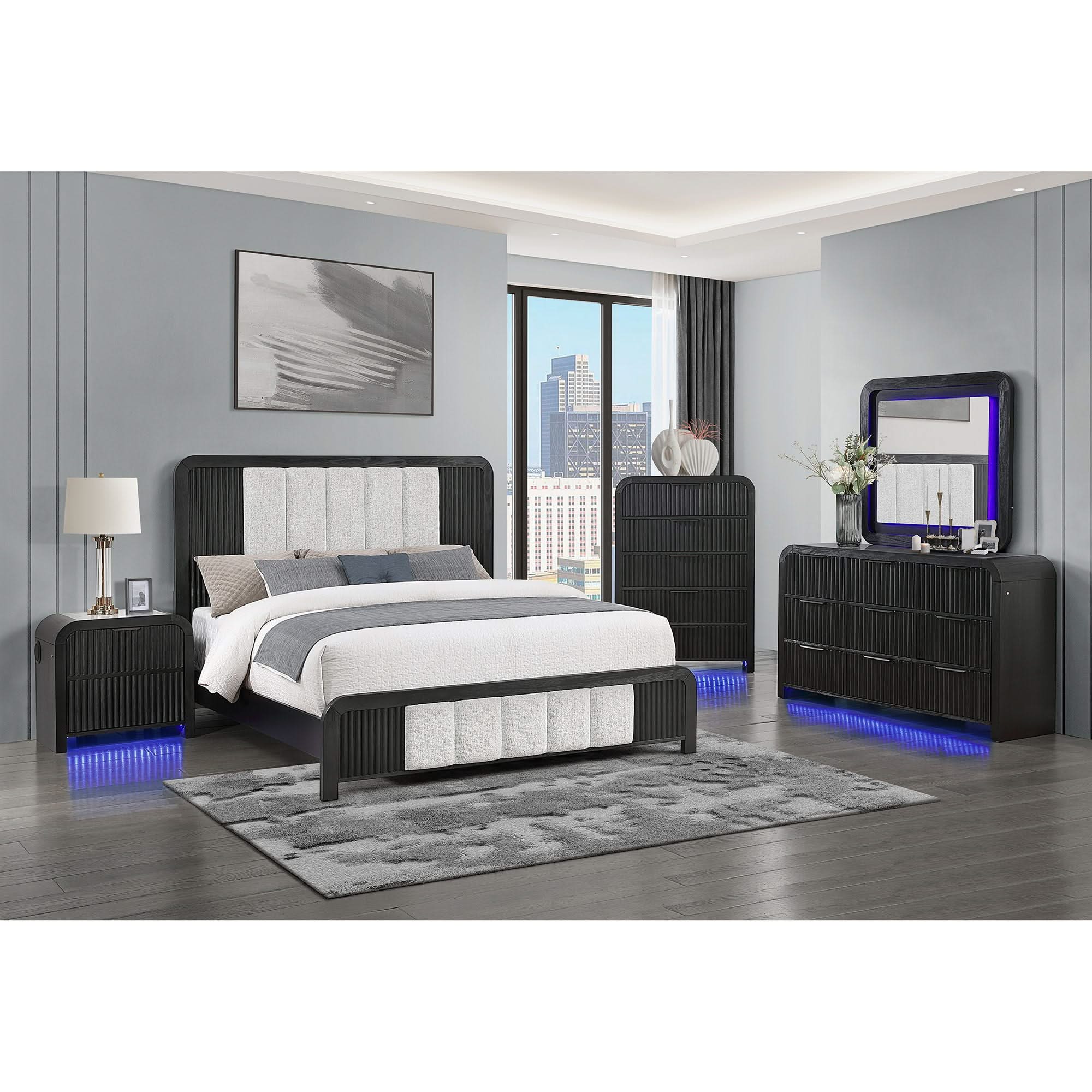 Beverly - Nightstand With Cooler And Speaker, LED Light, Rounded Sides - Black White