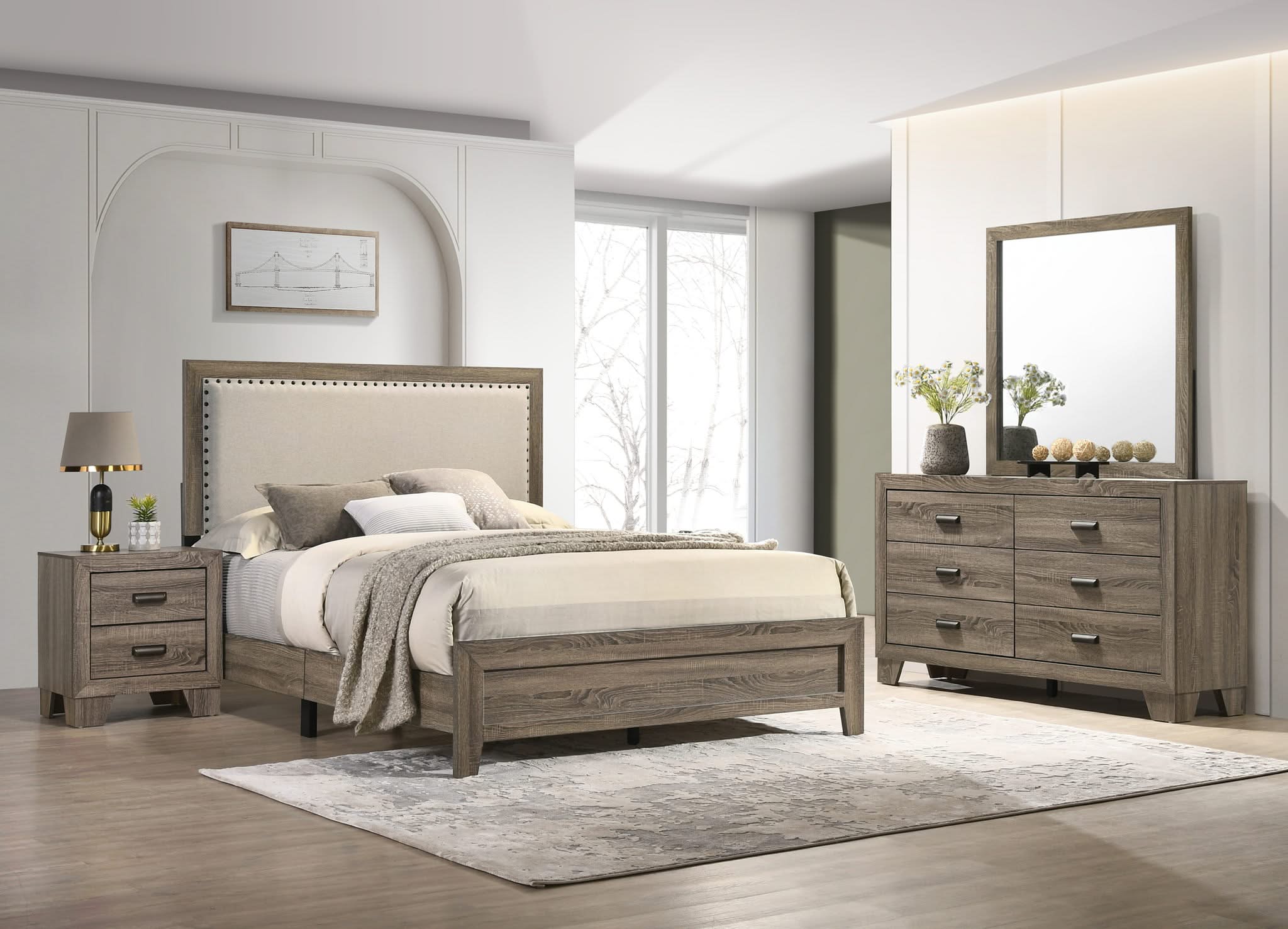 Millie - Twin 4 Piece Upholstered Bedroom Set - Warm Gray