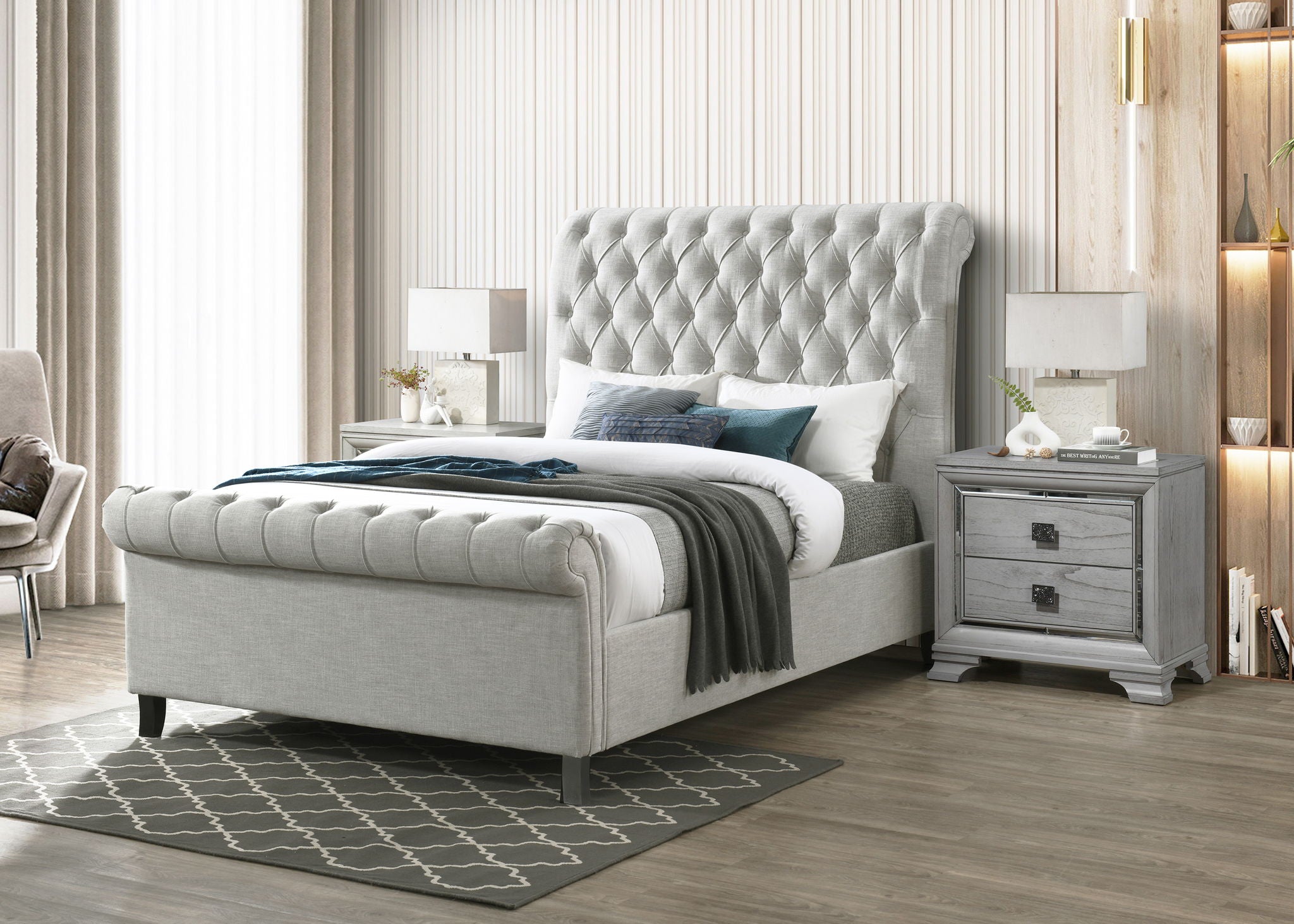 Kate - Queen Platform Bed - Light Gray Tweed
