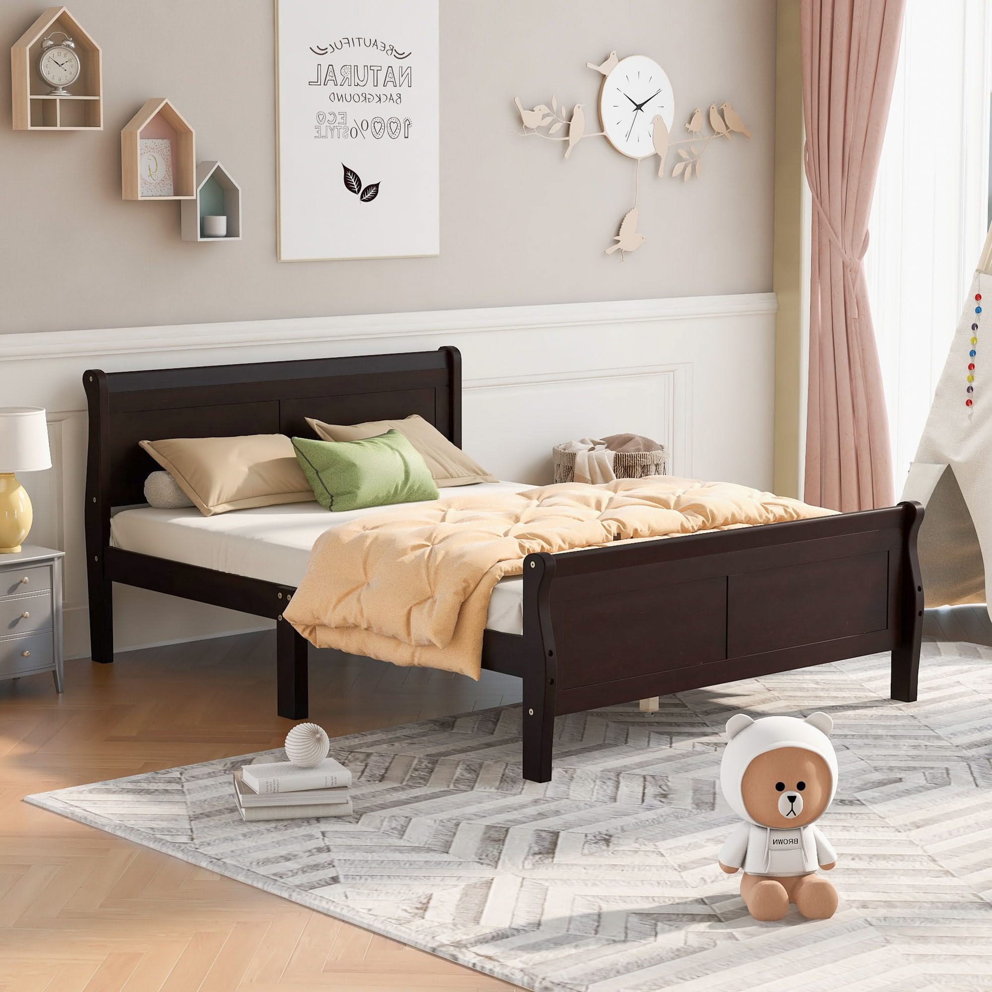 Platform Bed Frame Mattress Foundation Sleigh Bed With Headboard / Footboard / Wood Slat Suppor