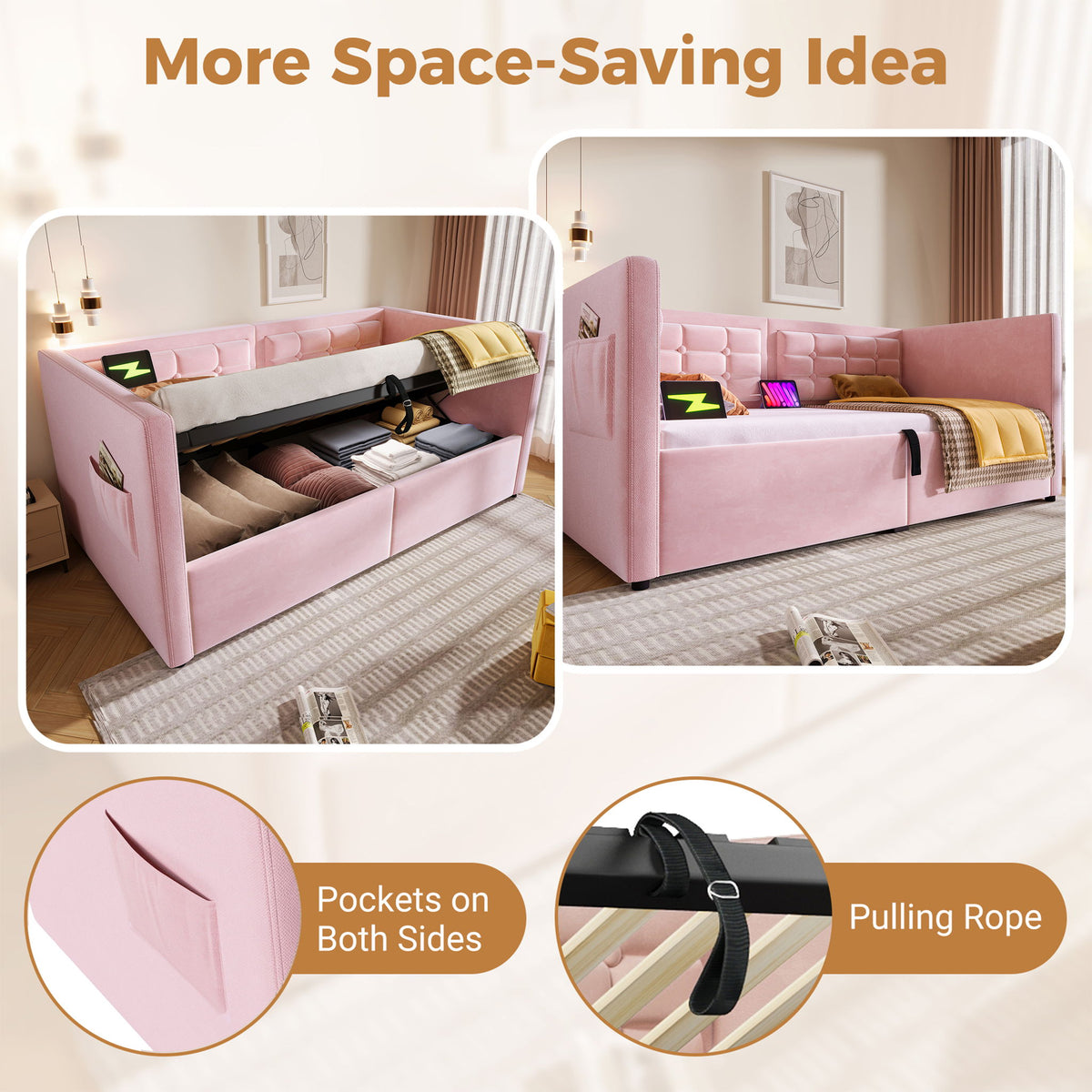Upholstered Daybed With Hydraulic Storage And USB / Type - C Charging