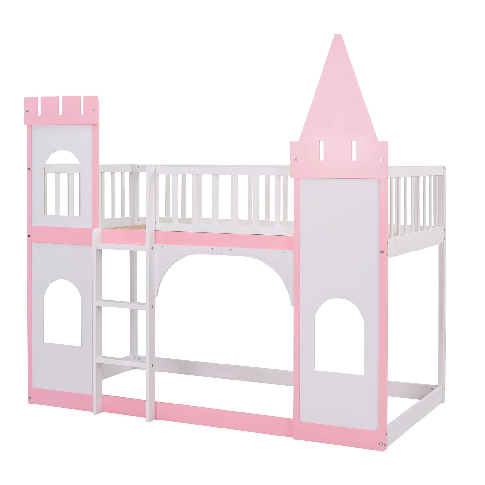 Twin Over Twin Castle Bunk Bed With Ladder - Pink