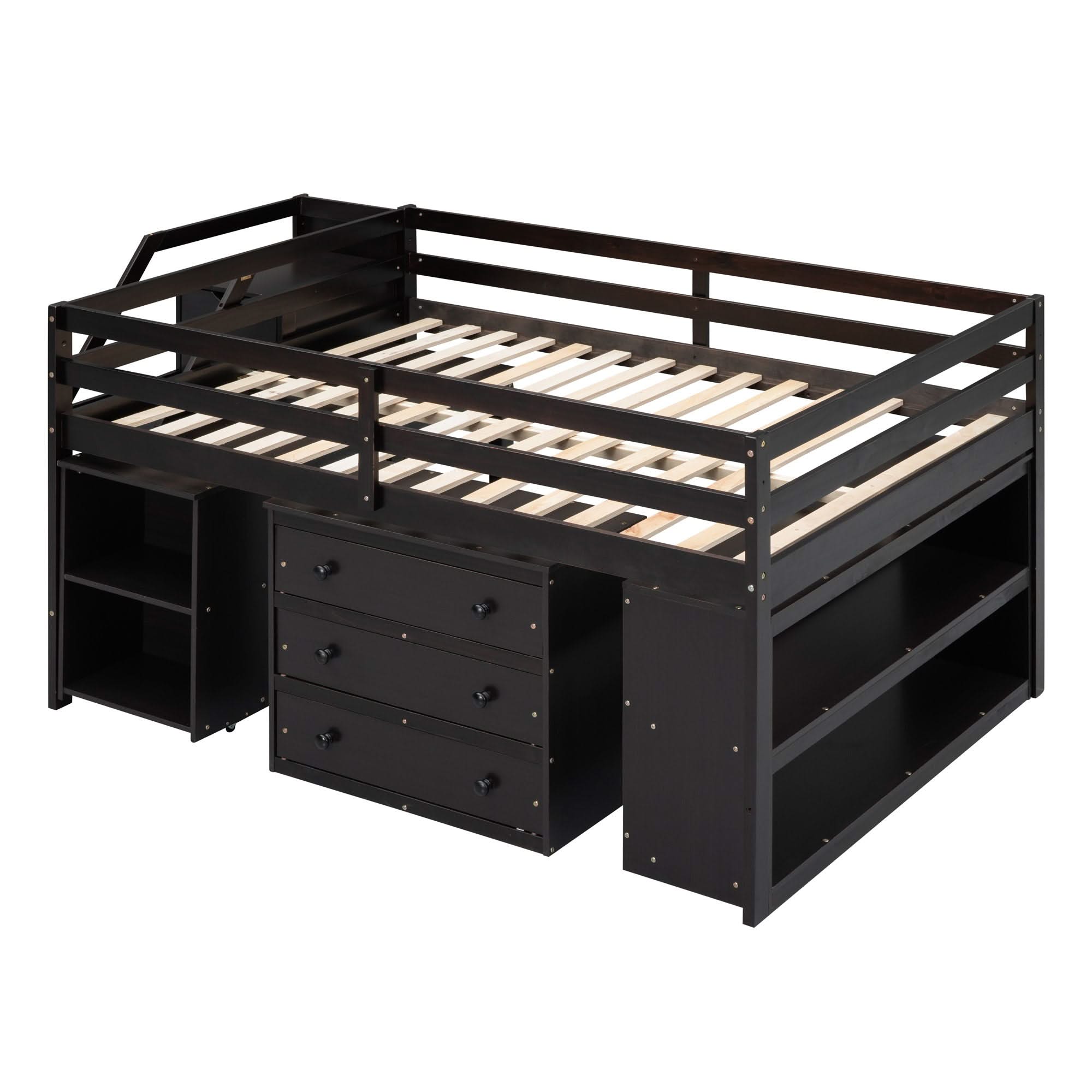Loft Bed With Retractable Writing Desk And 3 Drawers With Storage Stairs And Shelves