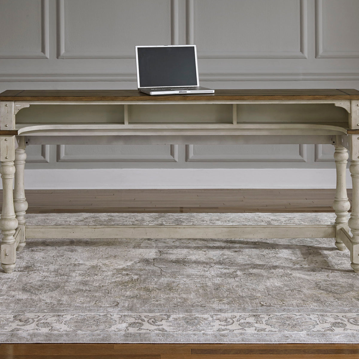 Morgan Creek - 4 Piece Console Set (1 Console 3 Stools) - Antique White / Wirebrushed Tobacco Accents