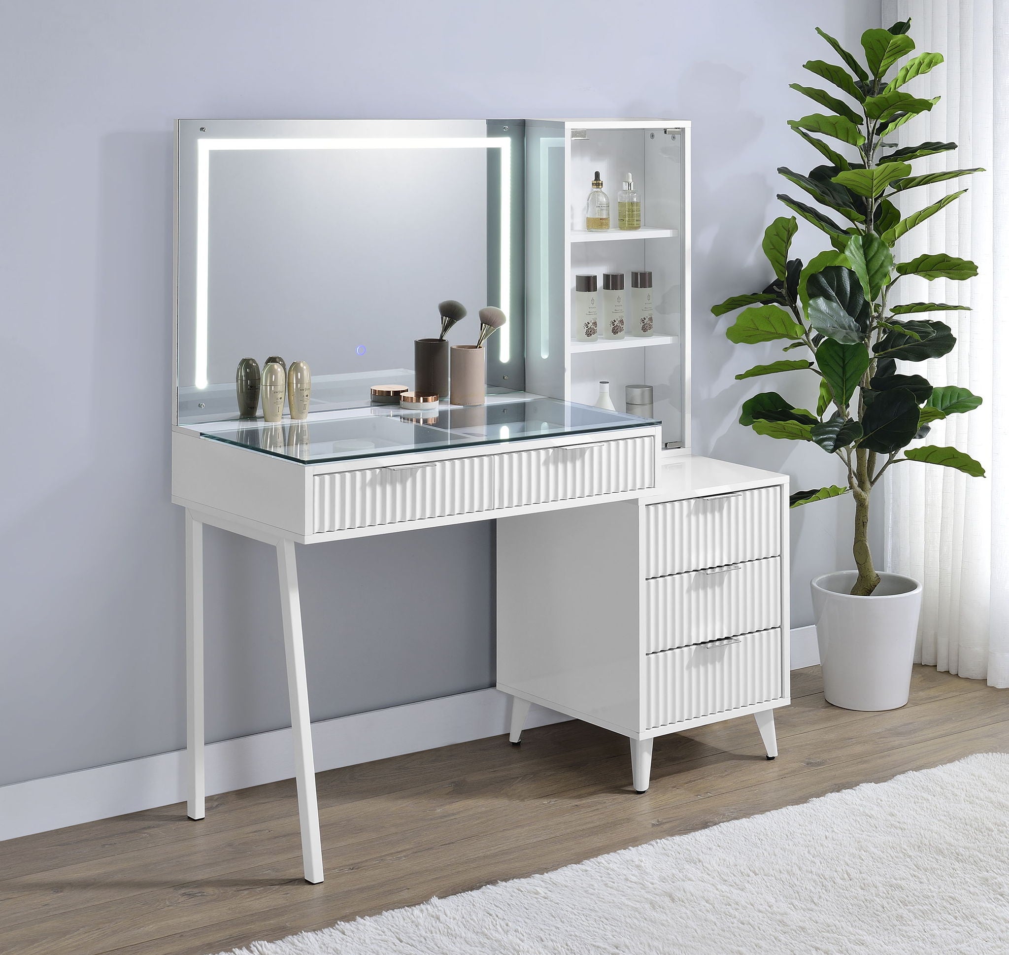Souza 5-Drawer Makeup Vanity Table With LED Mirror White High Gloss
