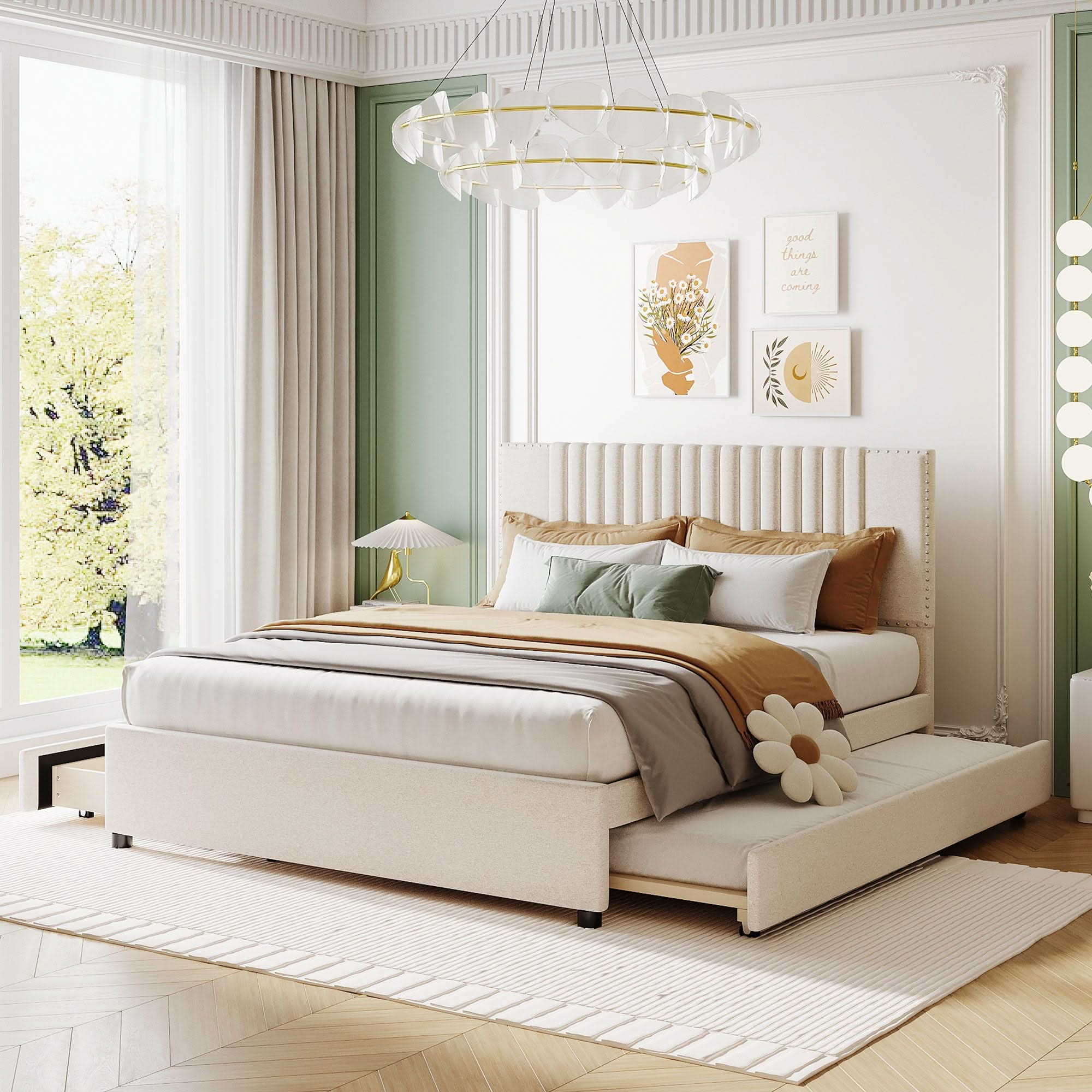 Upholstered Platform Bed With Drawers, Classic Headboard Design