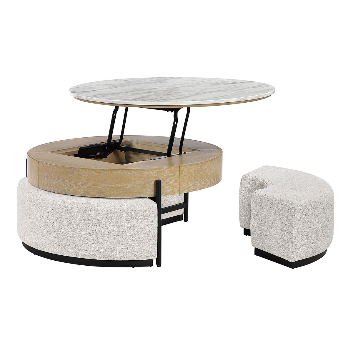 Rounded Storage Coffee Table With 3 Stools