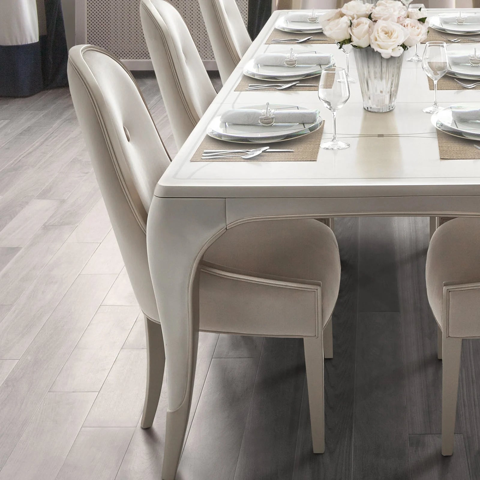 London Place Pearl Cream Modern Glam 7 PC Formal Dining Set with Rectangle Table and 6 Upholstered Chairs