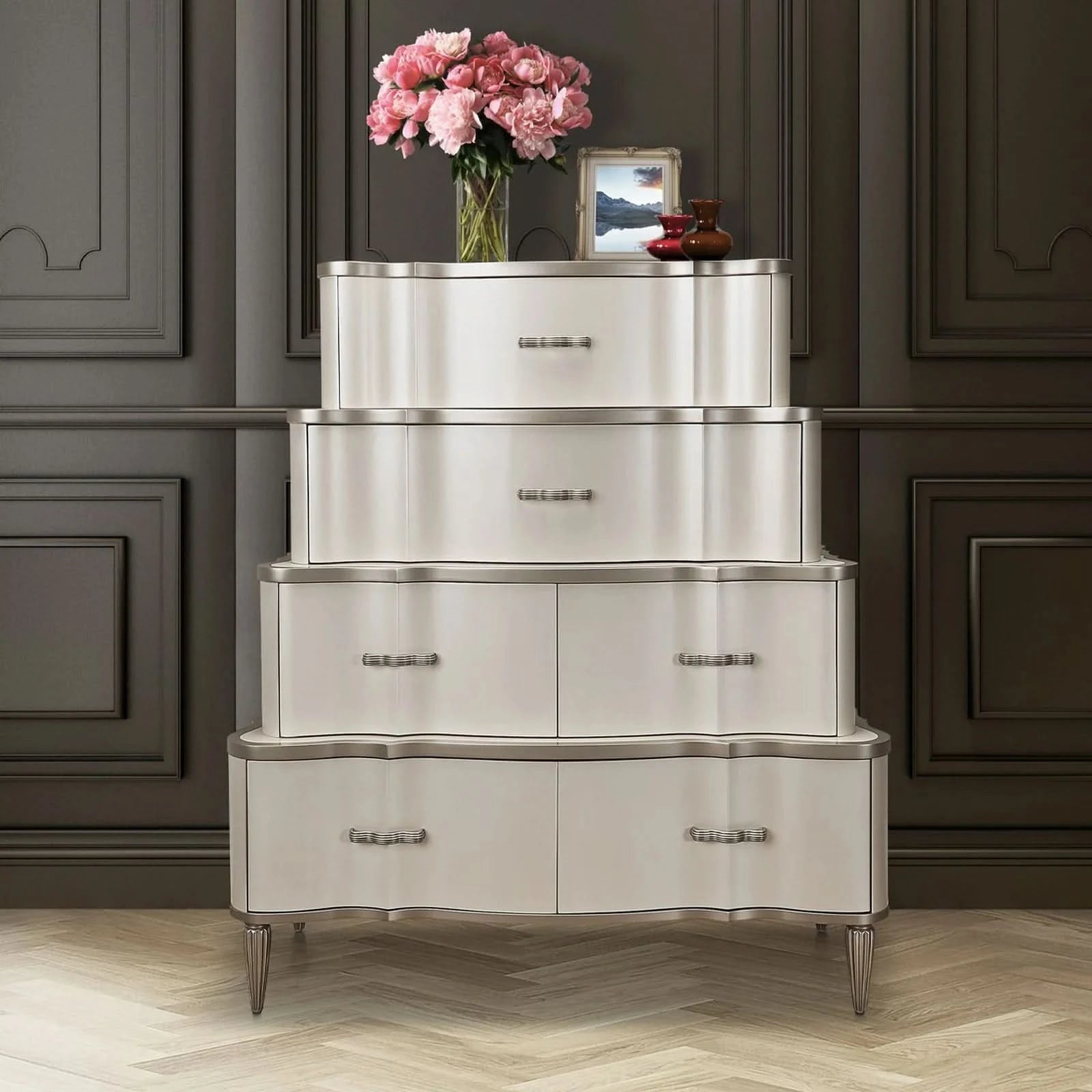 London Place Pearl Cream Modern Glam Tiered 6 Drawer Storage Chest