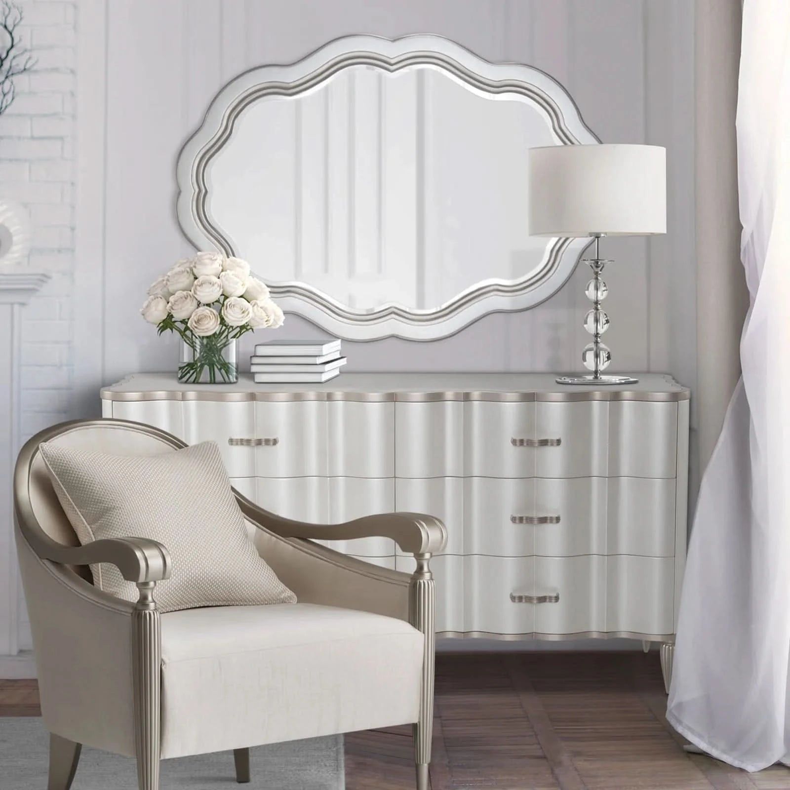 London Place Pearl Cream Modern Glam Wall Mirror