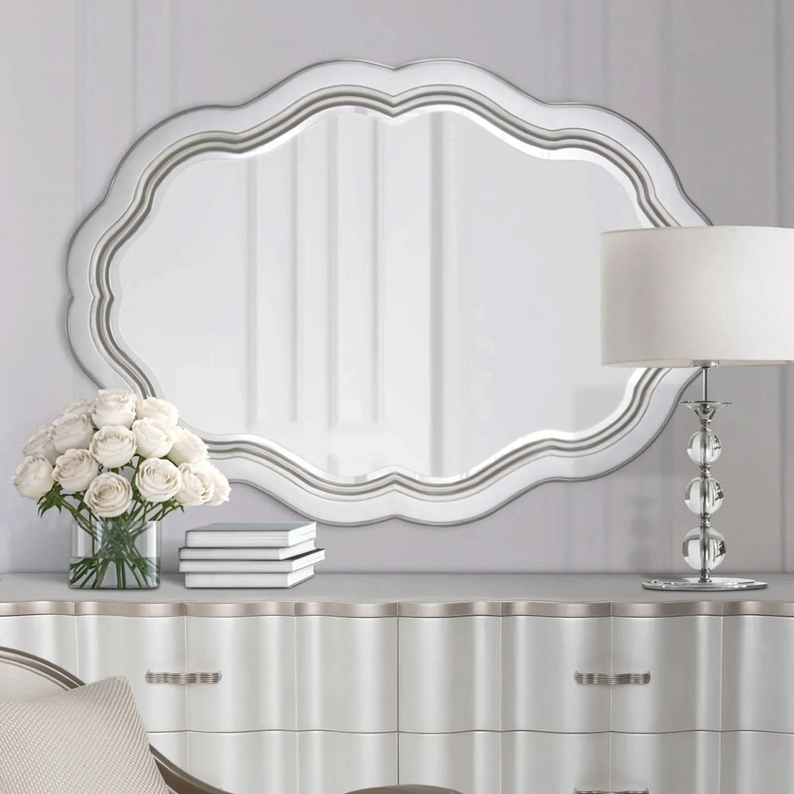 London Place Pearl Cream Modern Glam Wall Mirror