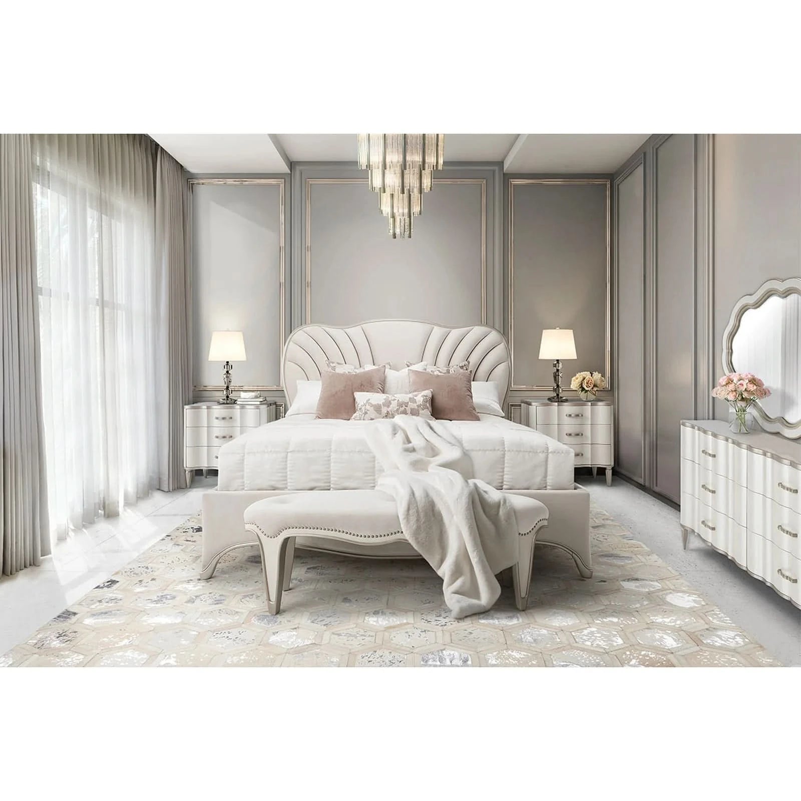 London Place Pearl Cream Modern Glam Bed Bench with Velvet Tufted Seat