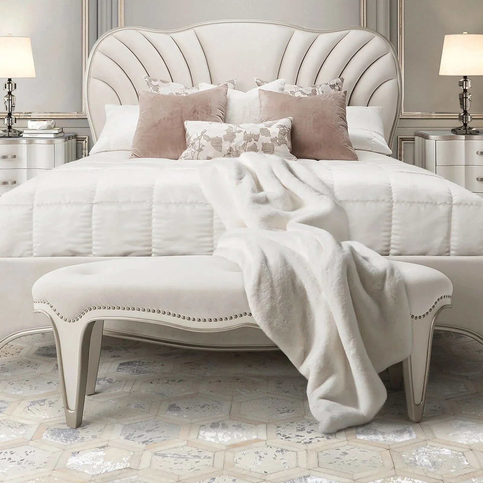 London Place Pearl Cream Modern Glam Bed Bench with Velvet Tufted Seat