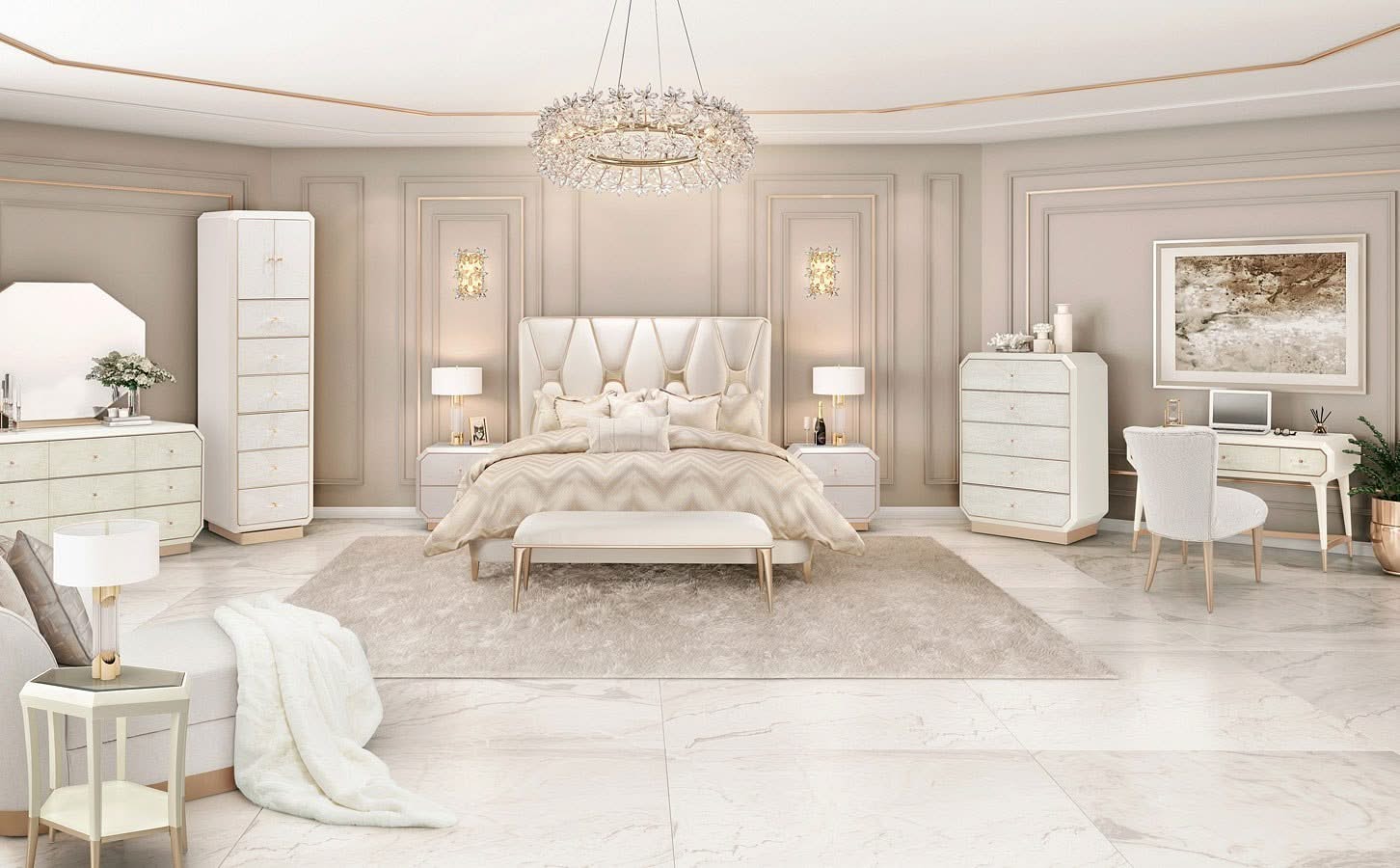 La Rachelle Champagne Modern Glam 5-Piece Bedroom Set with Upholstered Panel Bed, Dresser & Mirror