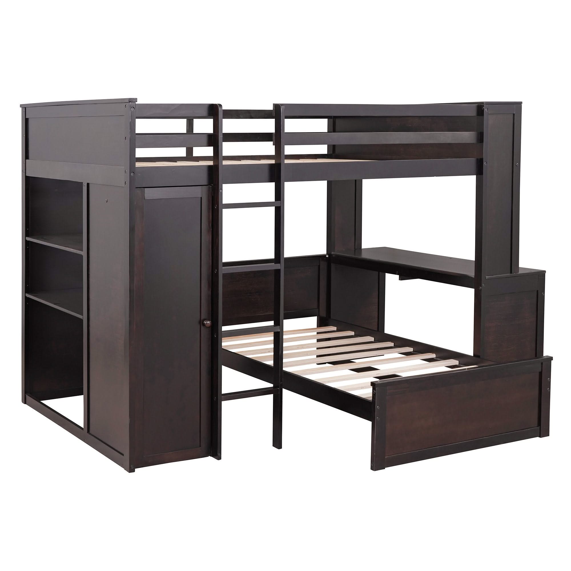 Loft Bed With A Twin Size Standalone Bed, Shelves, Desk, And Wardrobe