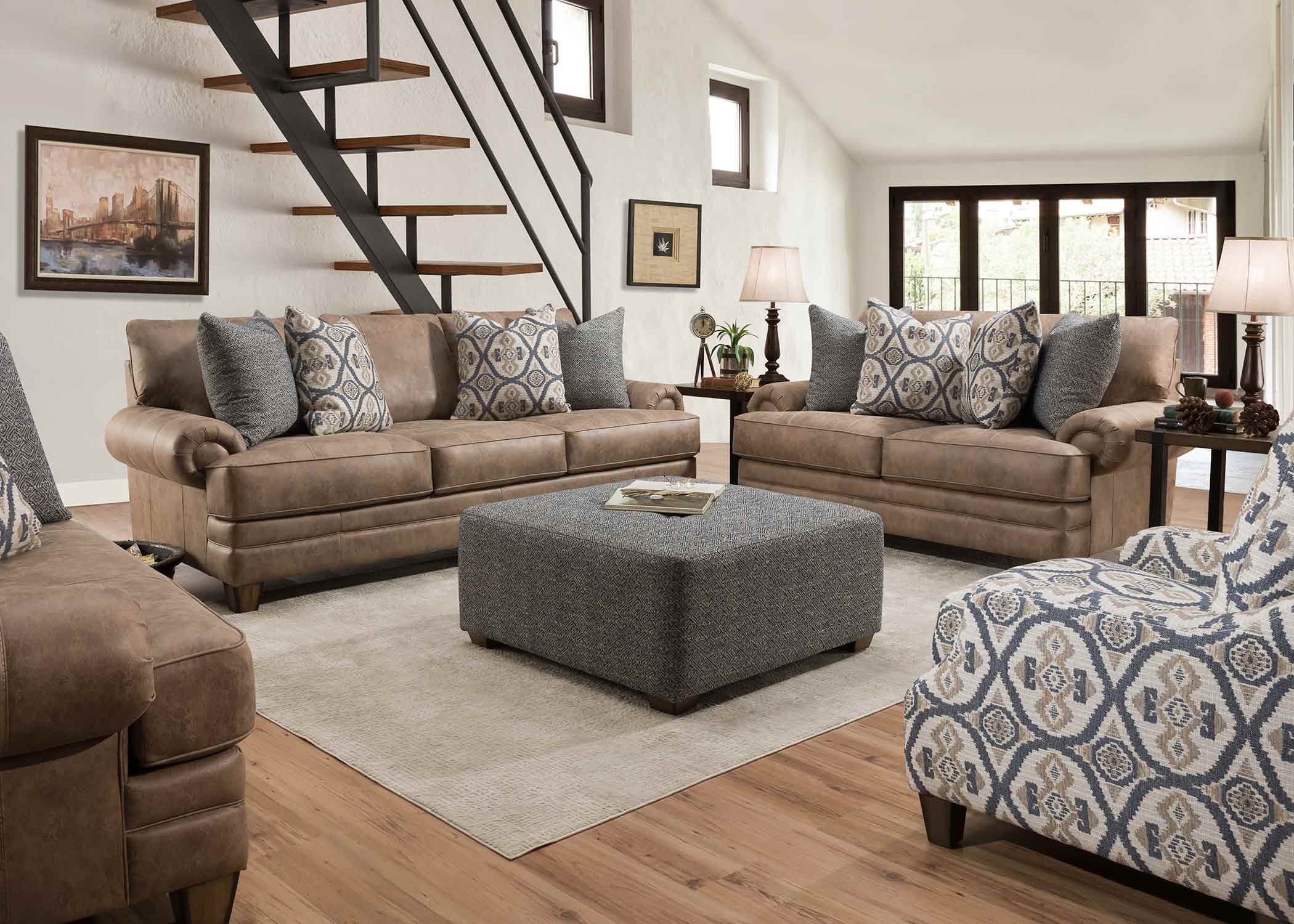 Monaco Rustic Fabric Loveseat with Rolled Arms