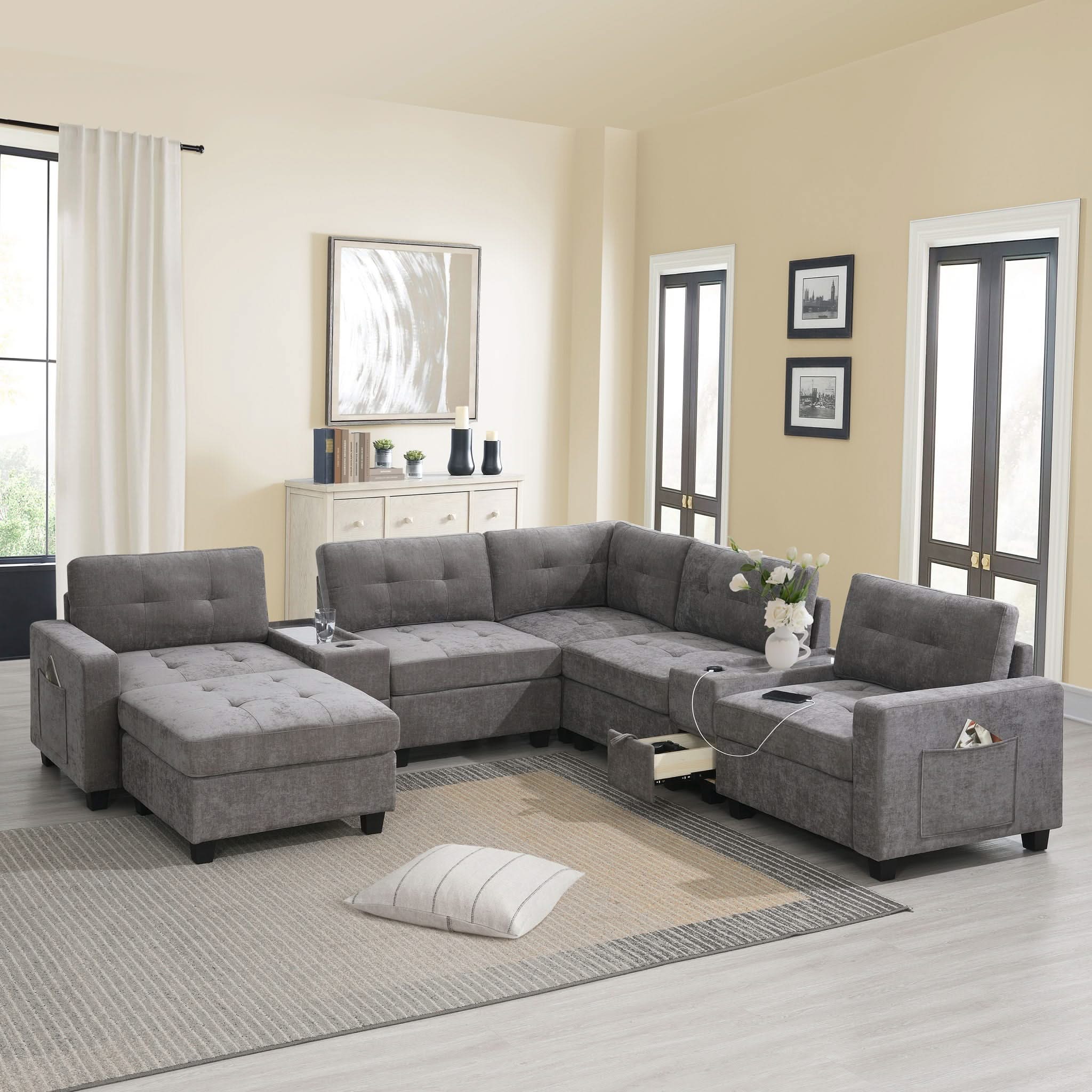 Sectional With Acrylic Table Top U Shaped Couch Set With 2 Consoles USB Charger, Storage Drawers And Pockets Movable Ottoman Tufted Sofa