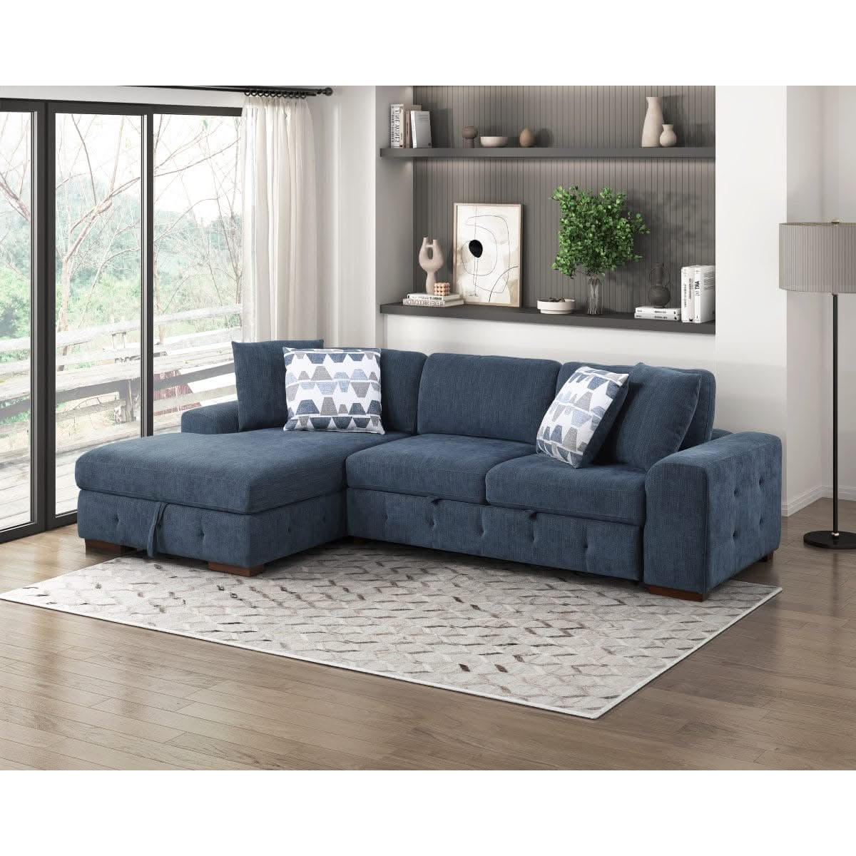 Evolution Blue Modern 2 PC Sectional with Pull-Out Bed,  Storage Chaise and Throw Accent pillows