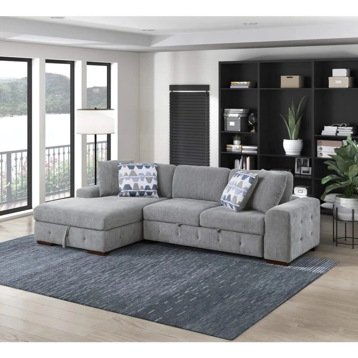 Evolution Gray Modern 2 PC Sectional with Pull-Out Bed, Storage Chaise and Throw Accent pillows
