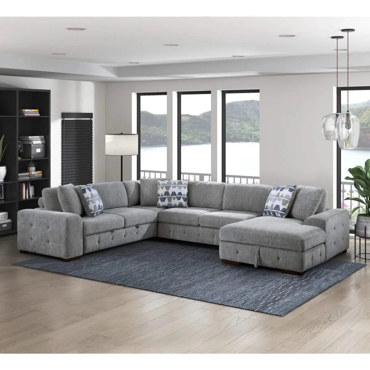 Evolution Gray Modern 4 PC Sectional with Pull-Out Bed, Storage Chaise and Throw Accent pillows