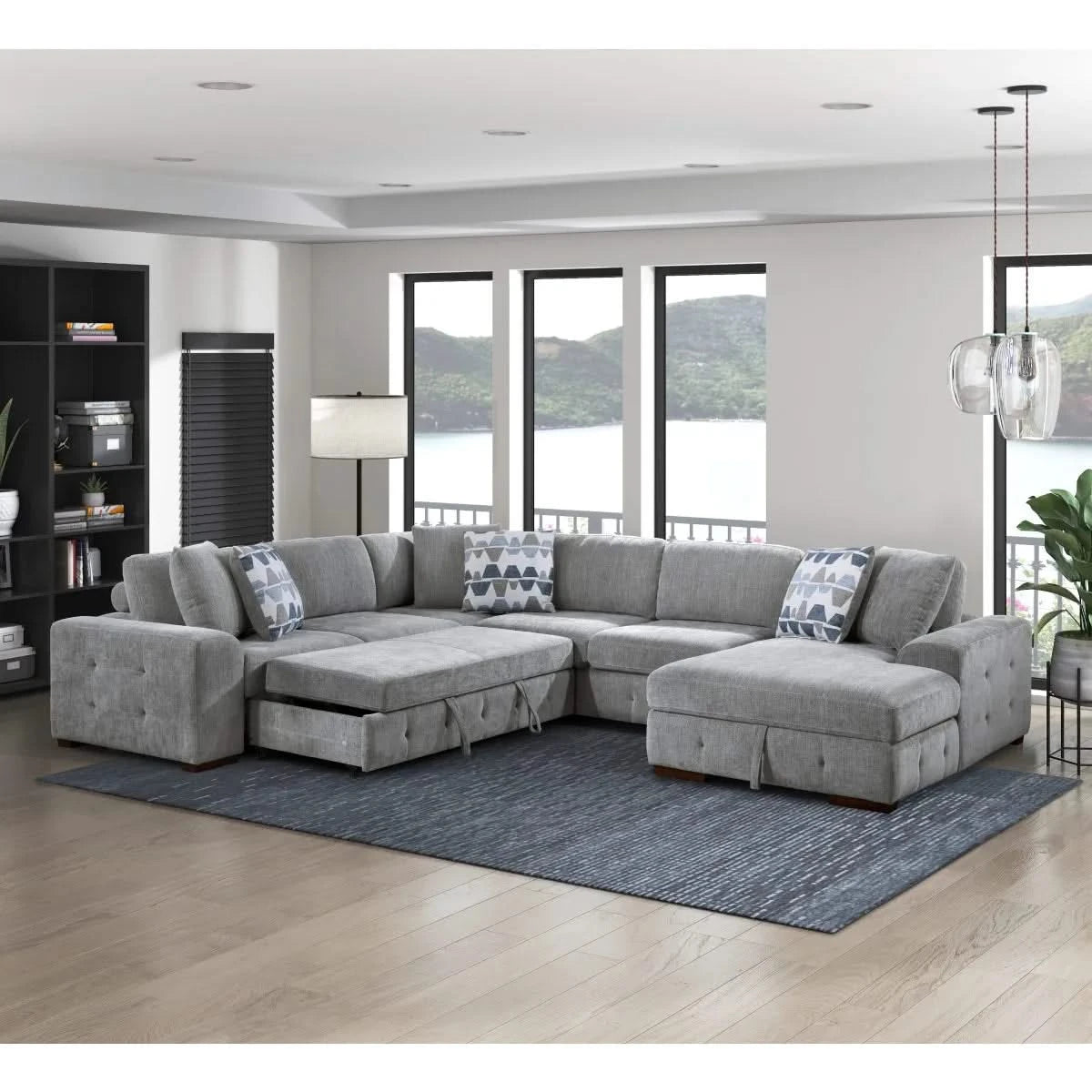 Evolution Gray Modern 4 PC Sectional with Pull-Out Bed, Storage Chaise and Throw Accent pillows